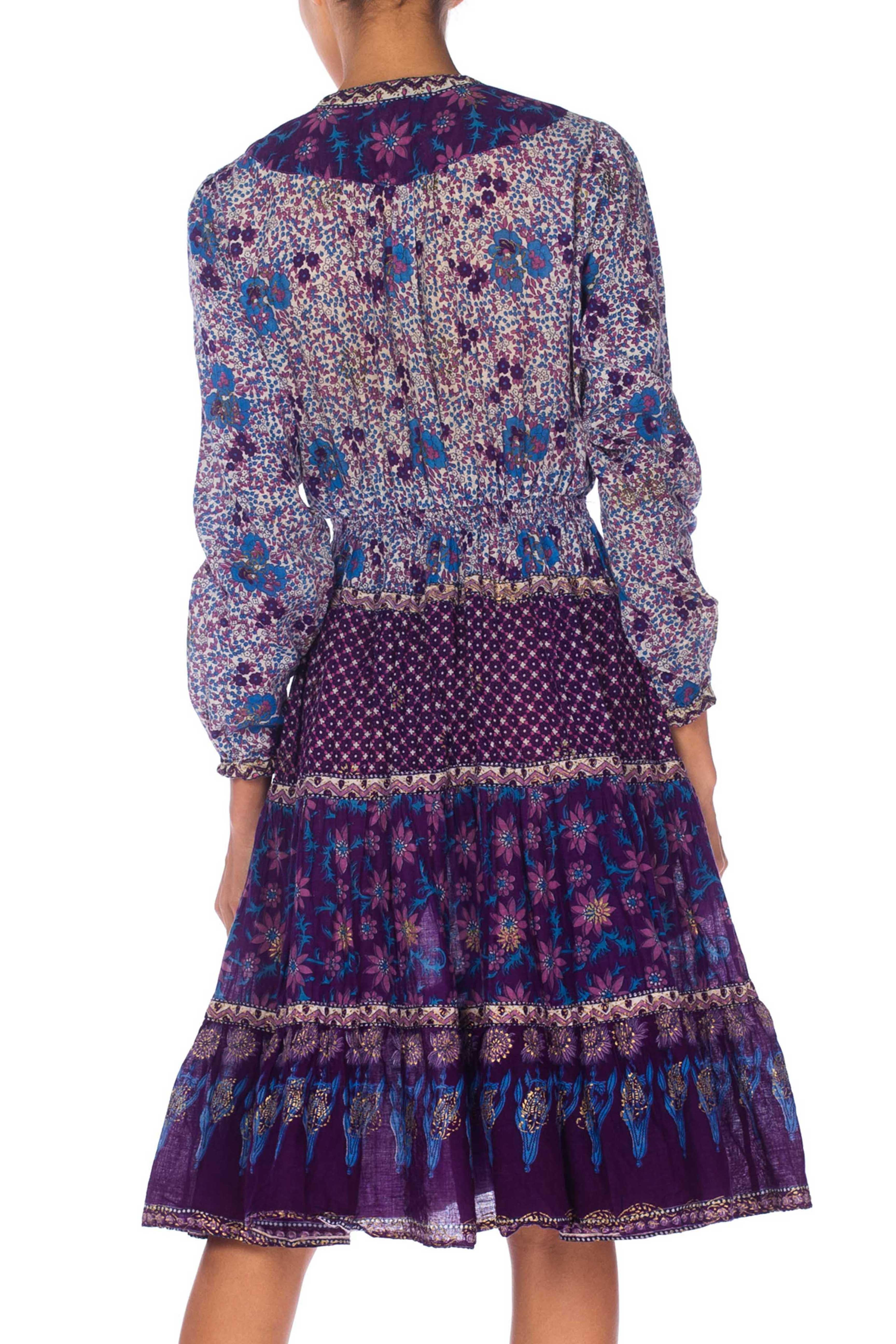 1970S Blue & Purple Cotton Indian Block Printed Dress 4