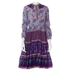 1970S Blue & Purple Cotton Indian Block Printed Dress