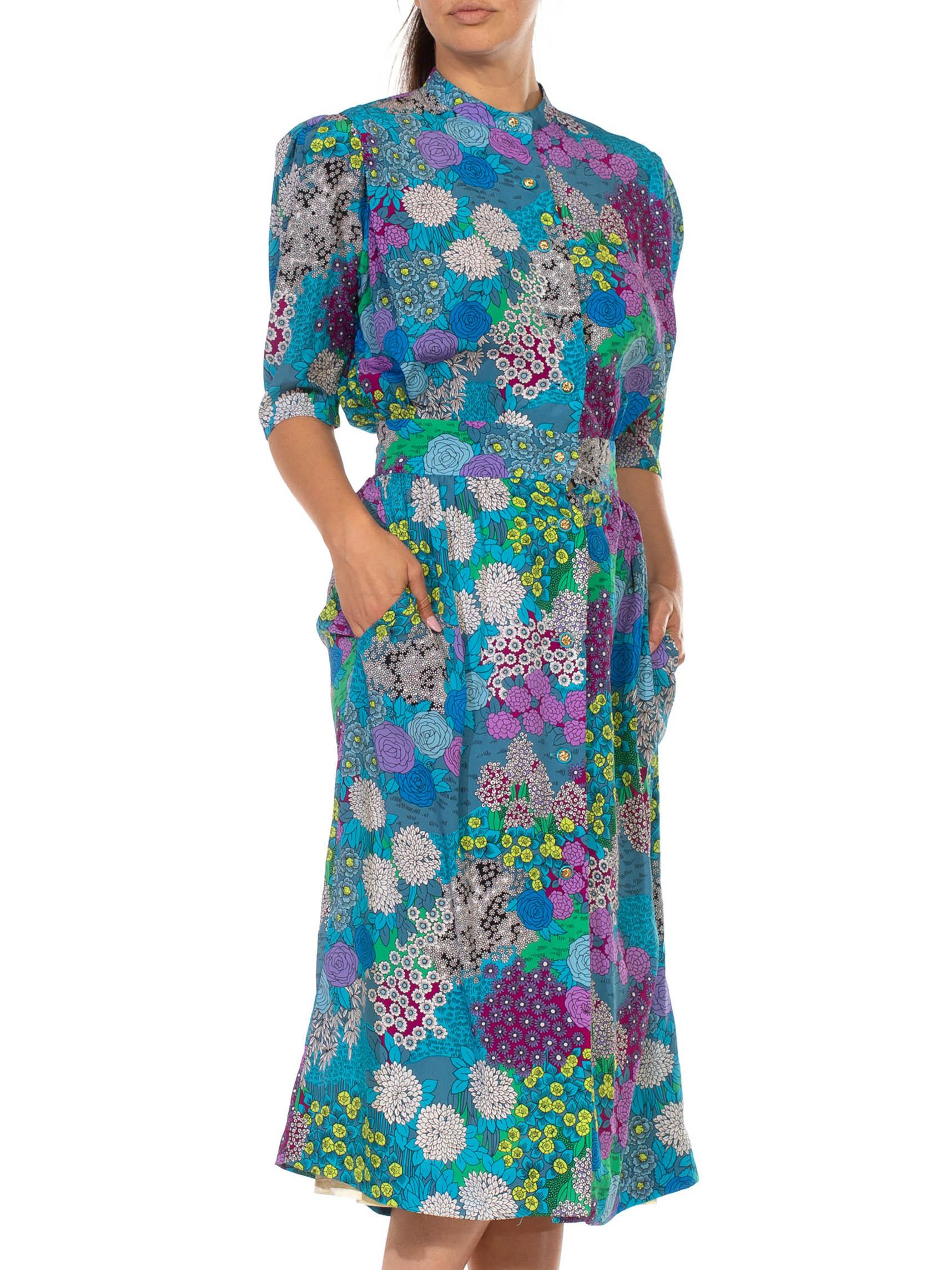 1970S Blue & Purple Polyester Psychedelic Floral Printed Dress With Hidden Skir For Sale 6