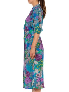 1970S Blue & Purple Polyester Psychedelic Floral Printed Dress With Hidden Skir