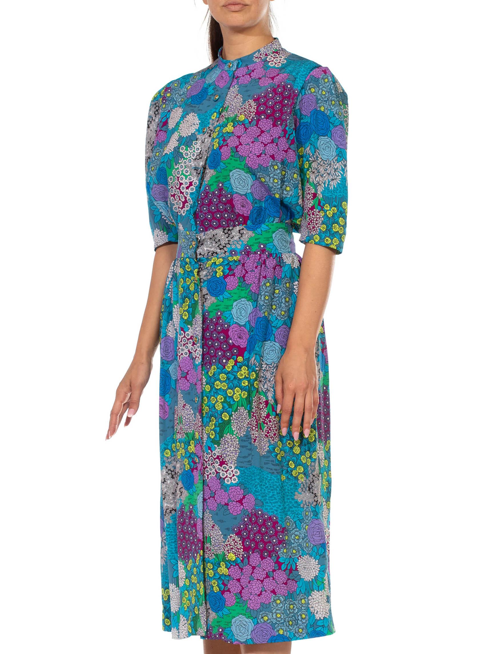 1970S Blue & Purple Polyester Psychedelic Floral Printed Dress With Hidden Skir For Sale 1