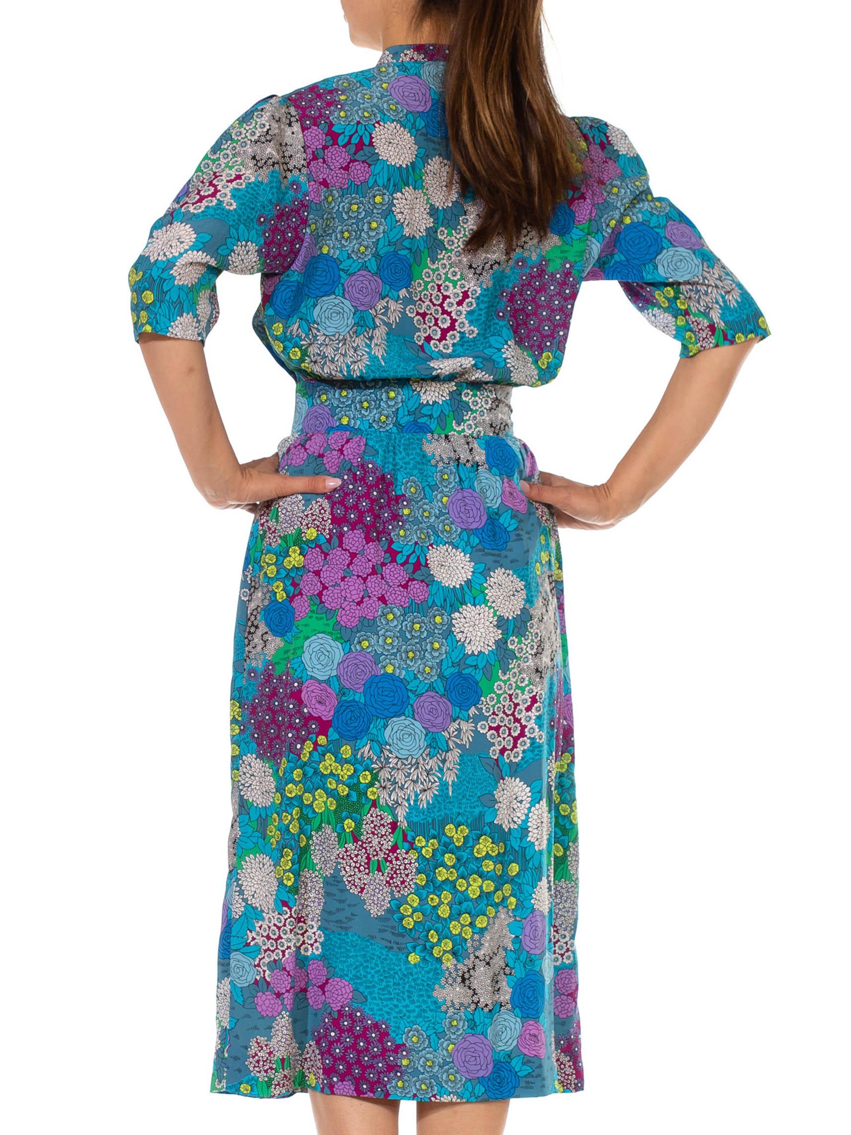 1970S Blue & Purple Polyester Psychedelic Floral Printed Dress With Hidden Skir For Sale 2