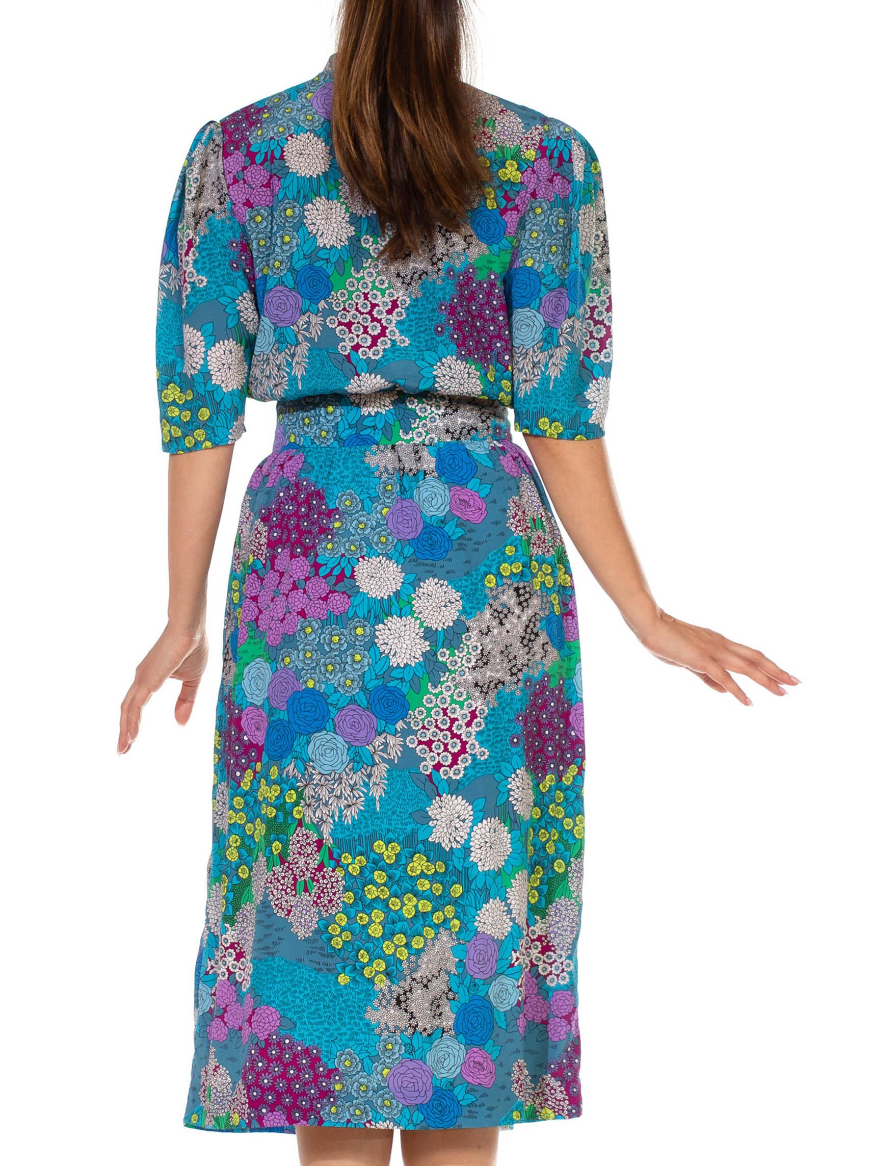 1970S Blue & Purple Polyester Psychedelic Floral Printed Dress With Hidden Skir For Sale 5