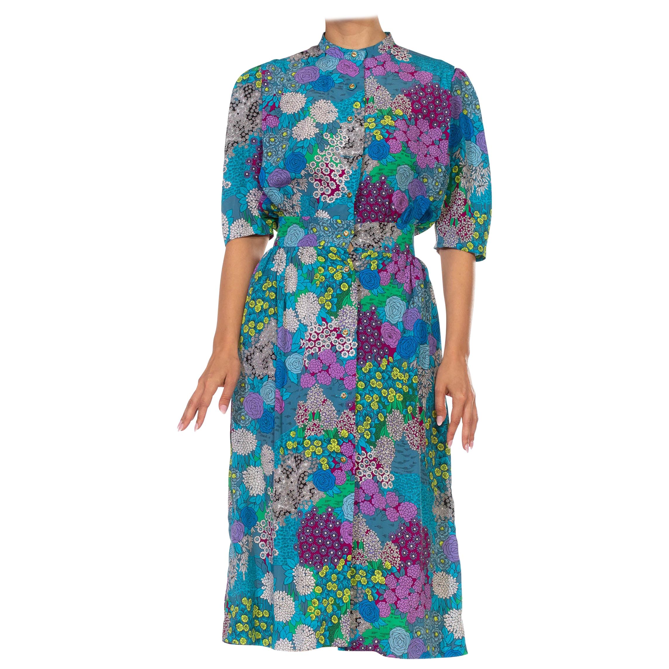 1970S Blue & Purple Polyester Psychedelic Floral Printed Dress With Hidden Skir For Sale