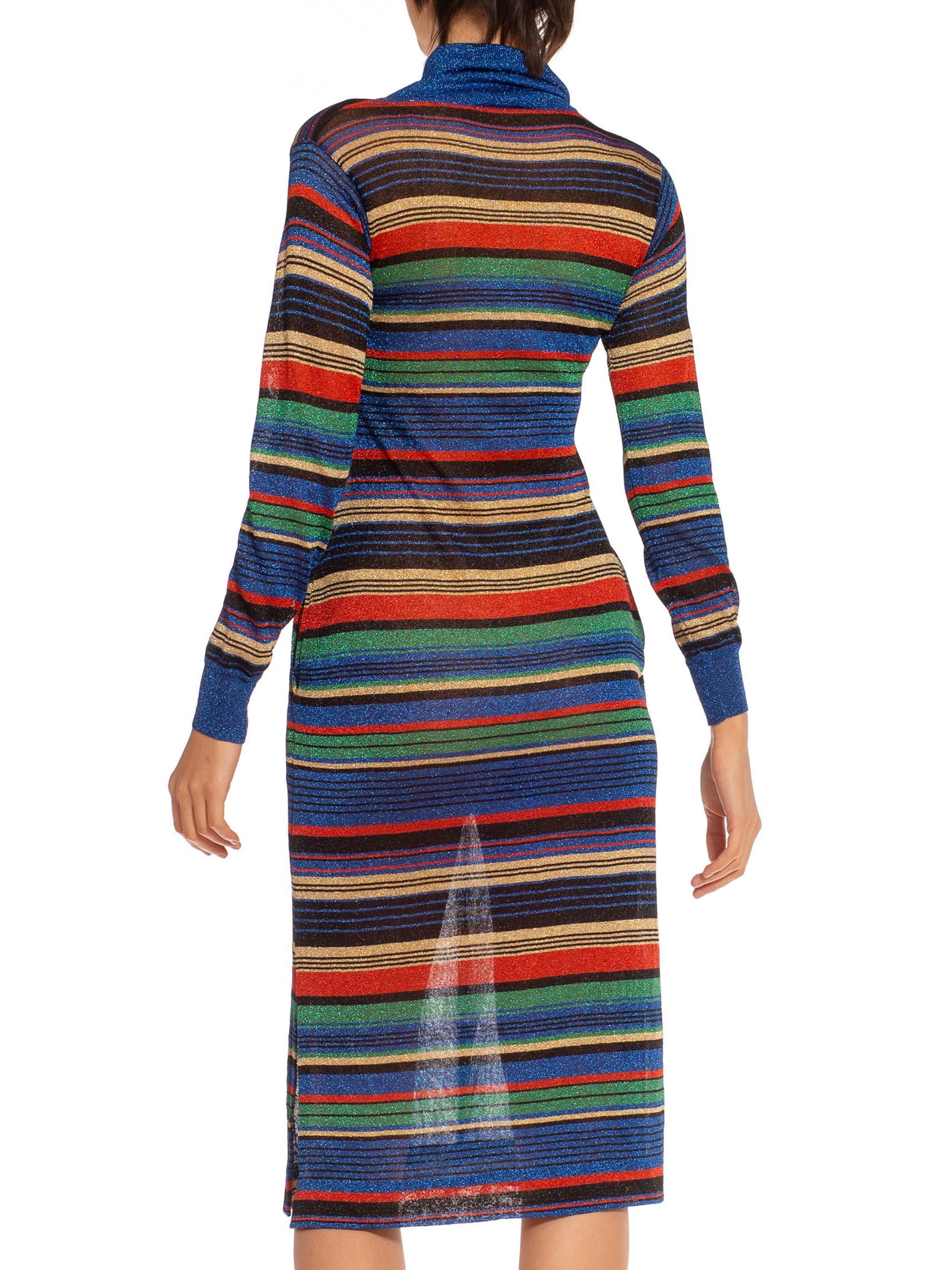 1970S Blue Red & Yellow Lurex Knit Striped Turtle Neck Dress For Sale 6