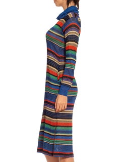 1970S Blue Red & Yellow Lurex Knit Striped Turtle Neck Dress