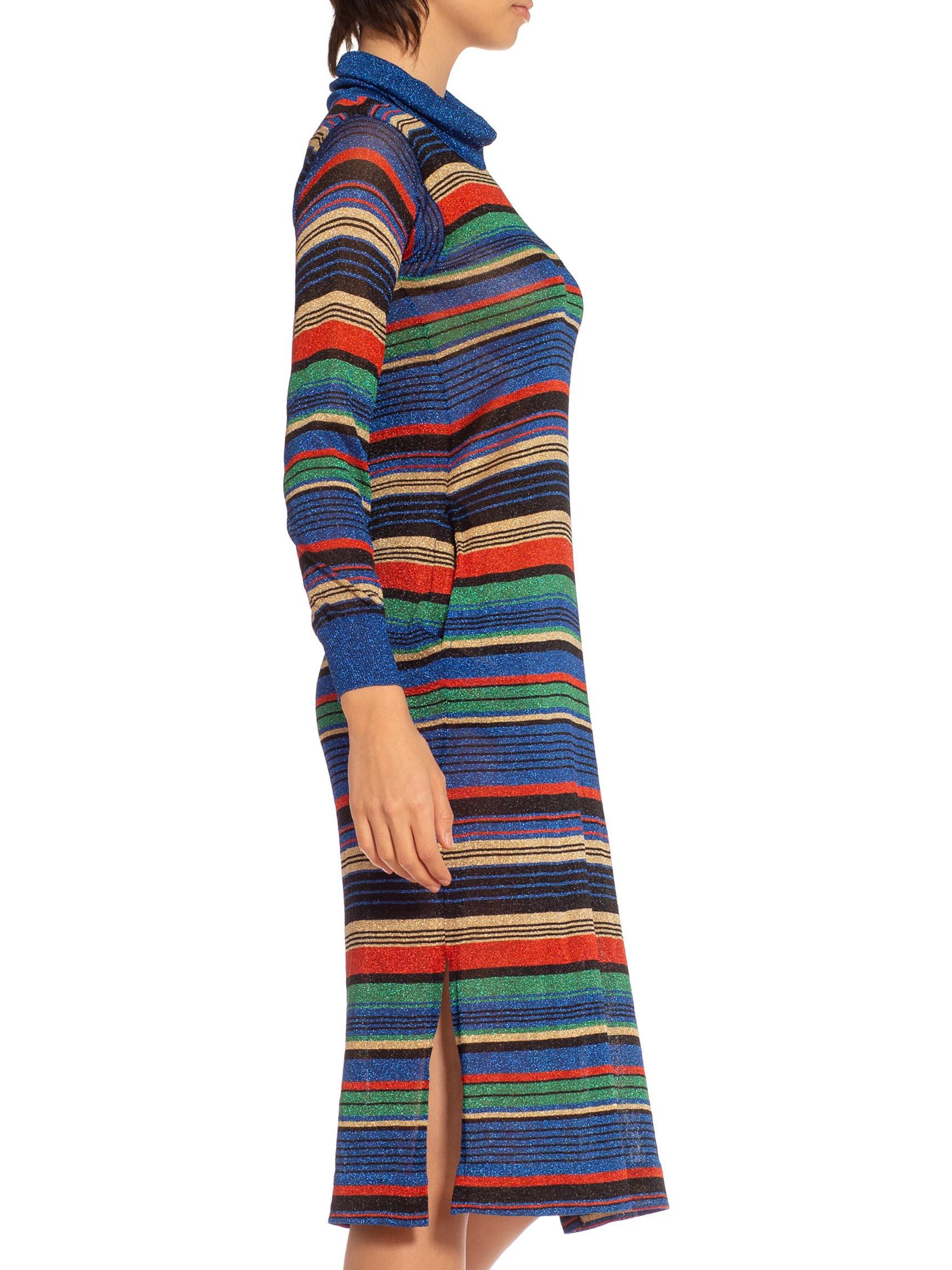 1970S Blue Red & Yellow Lurex Knit Striped Turtle Neck Dress In Excellent Condition For Sale In New York, NY