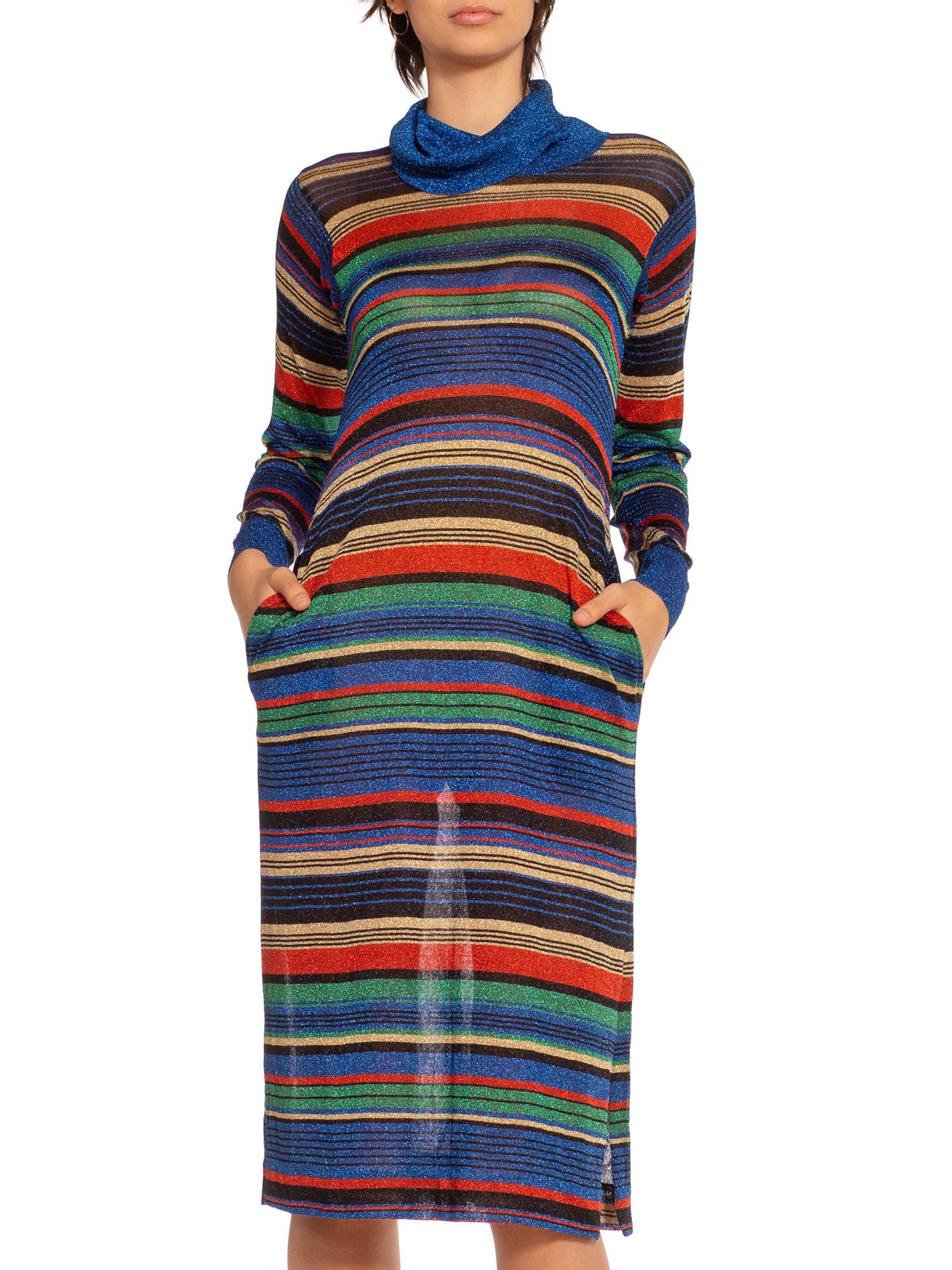 Women's 1970S Blue Red & Yellow Lurex Knit Striped Turtle Neck Dress For Sale