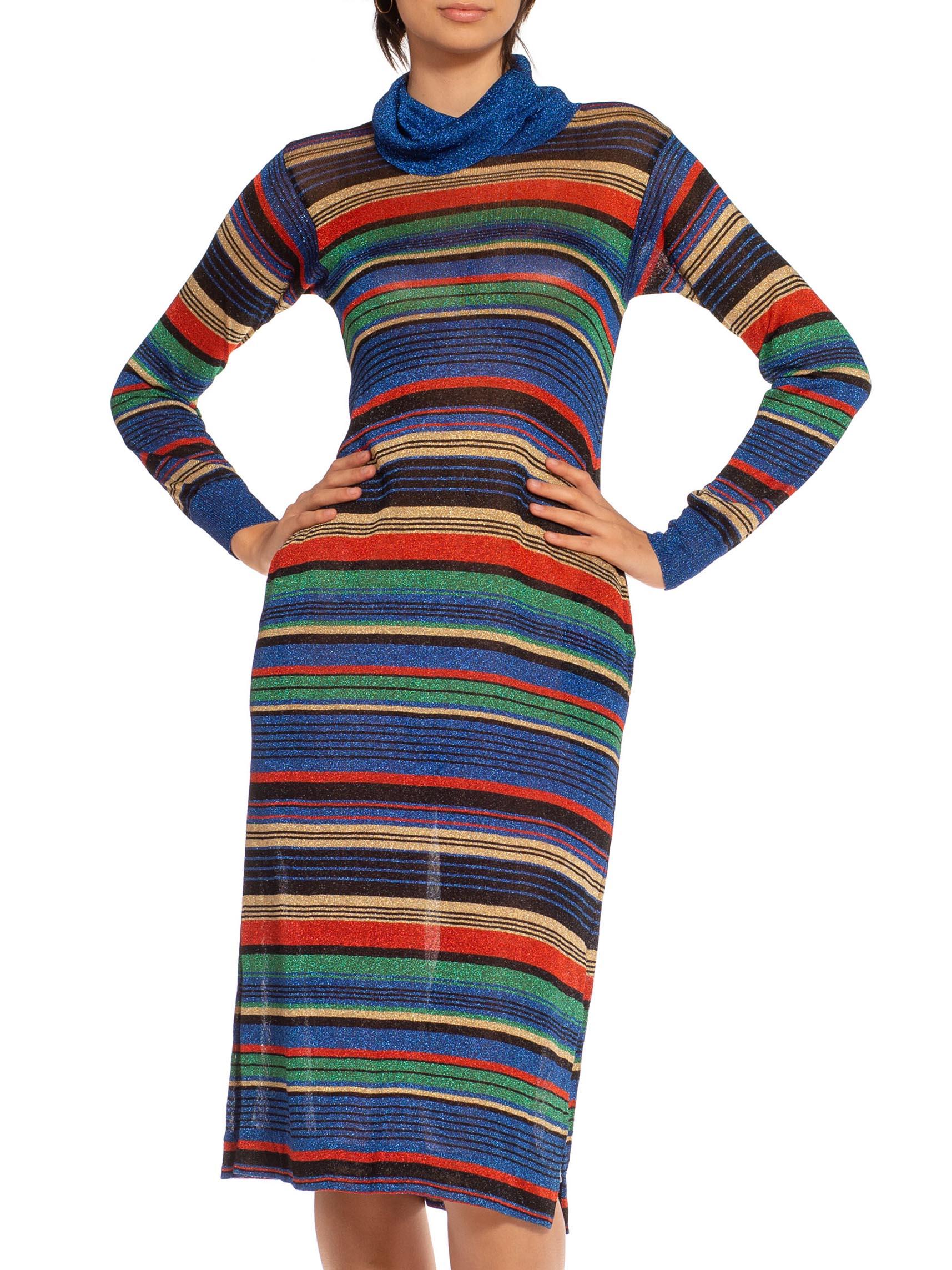 1970S Blue Red & Yellow Lurex Knit Striped Turtle Neck Dress For Sale 1