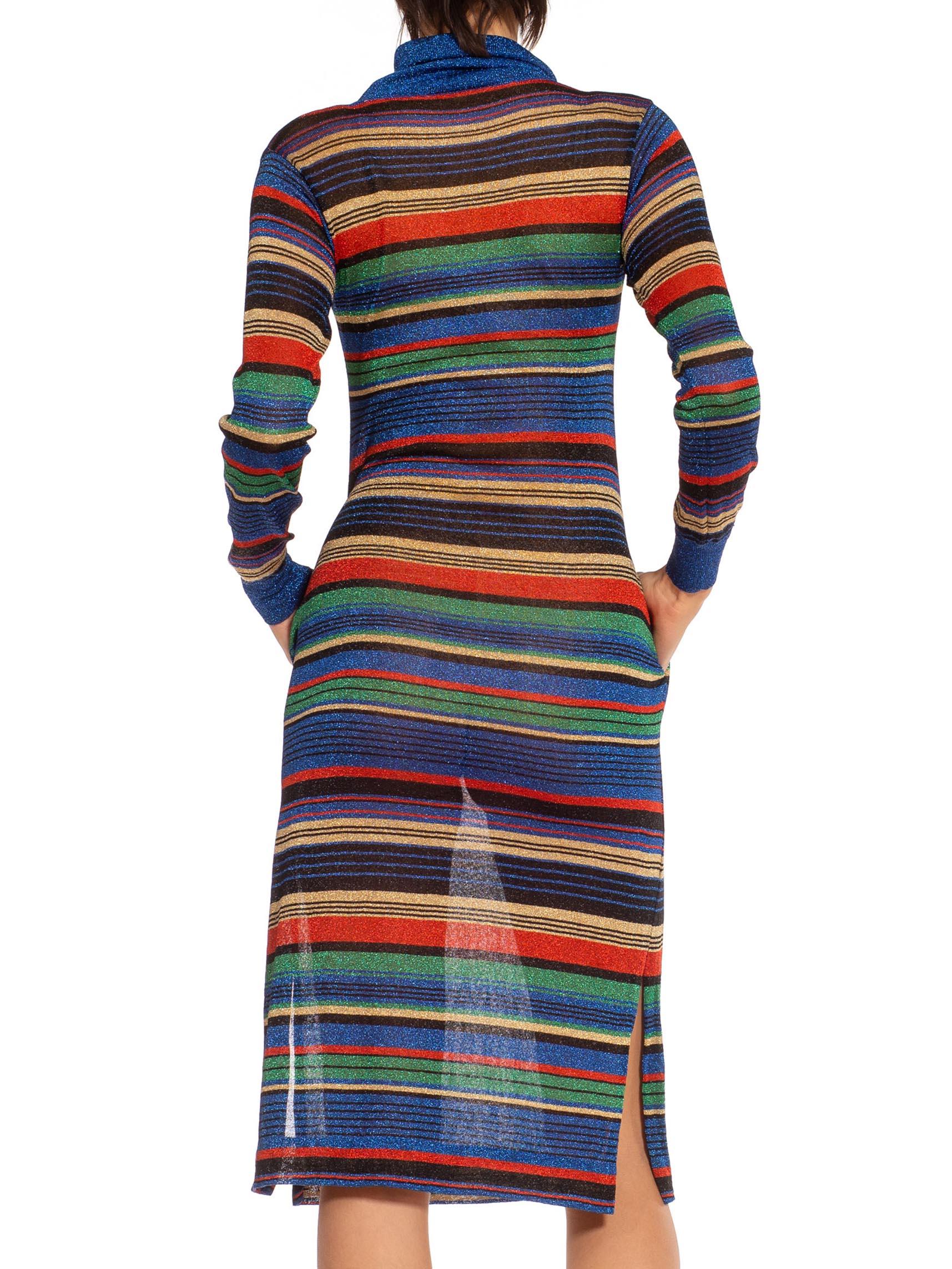 1970S Blue Red & Yellow Lurex Knit Striped Turtle Neck Dress For Sale 2