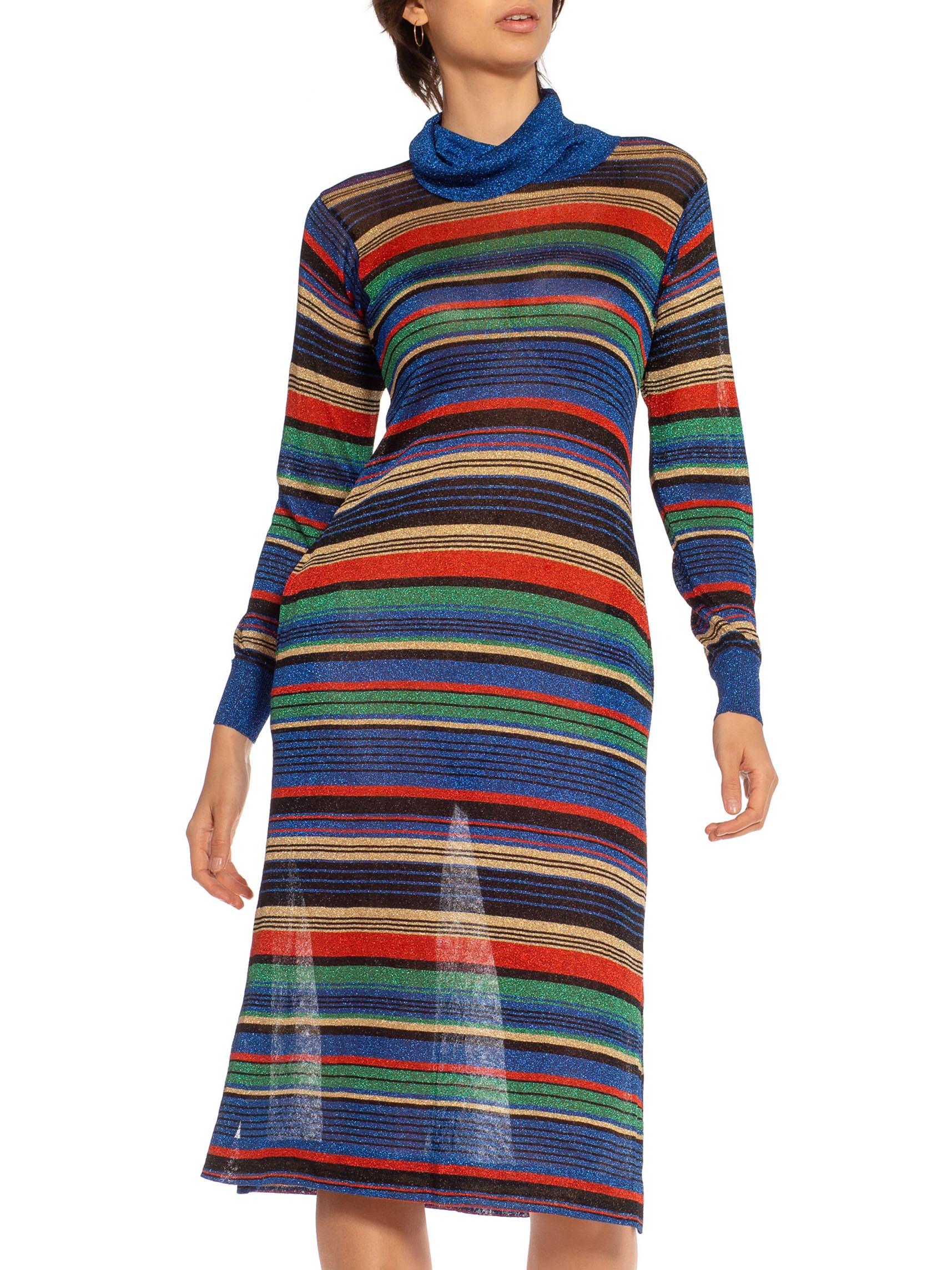 1970S Blue Red & Yellow Lurex Knit Striped Turtle Neck Dress For Sale 3
