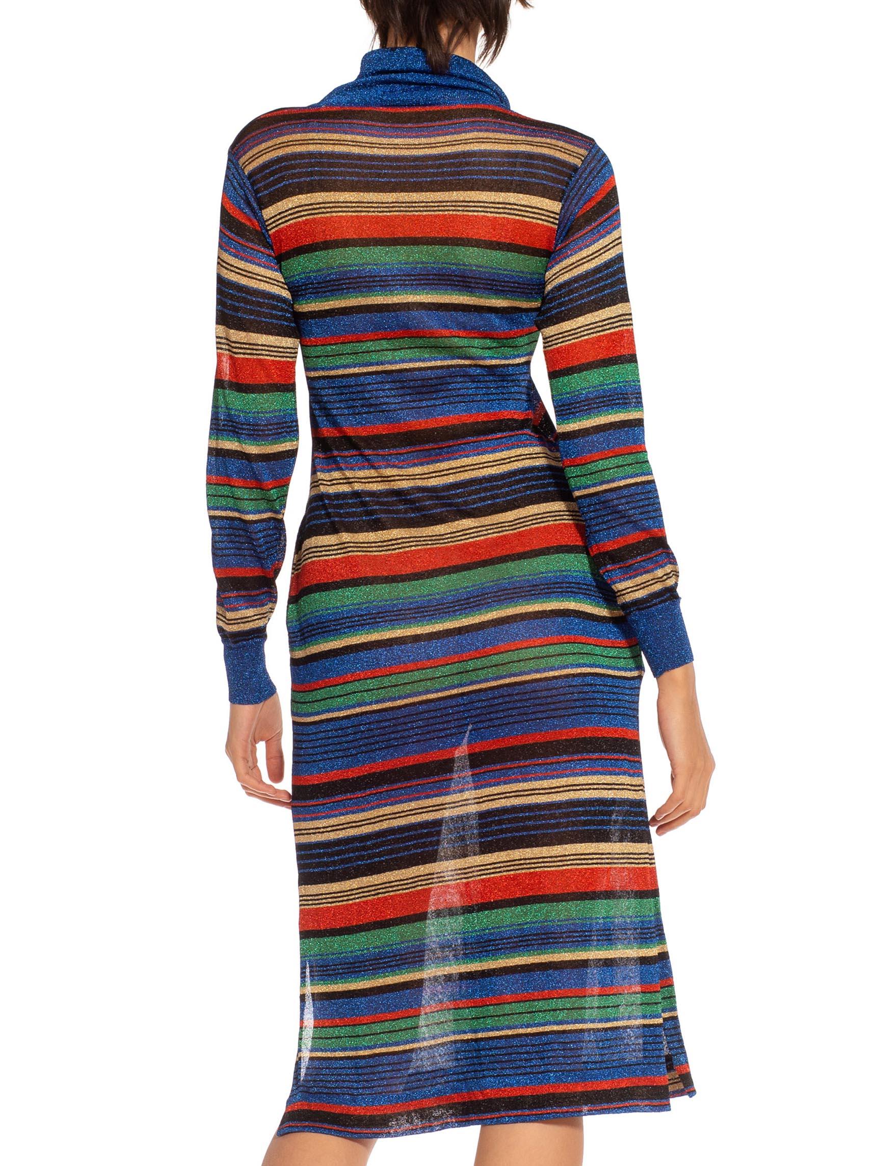 1970S Blue Red & Yellow Lurex Knit Striped Turtle Neck Dress For Sale 4