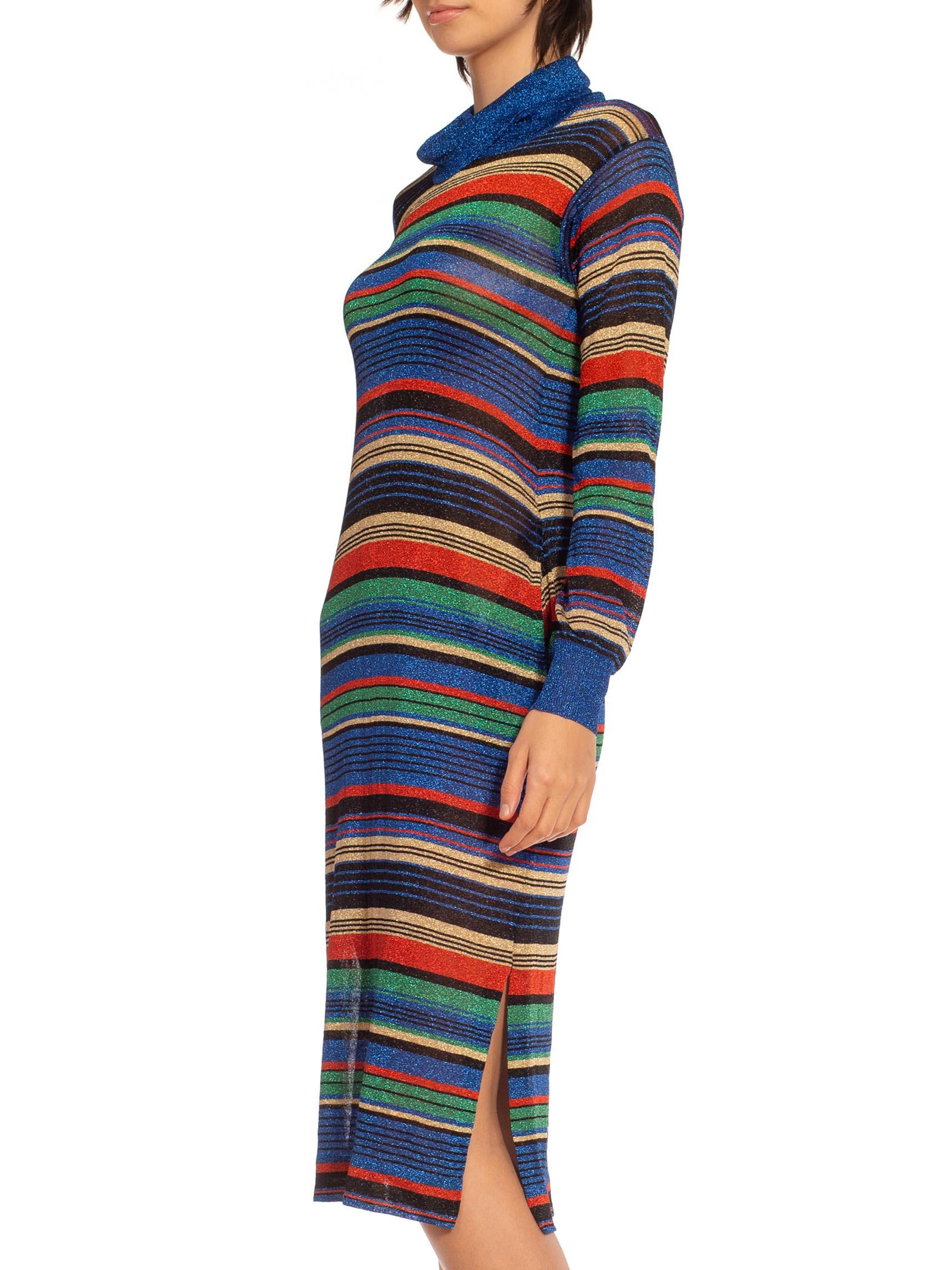 1970S Blue Red & Yellow Lurex Knit Striped Turtle Neck Dress For Sale 5