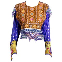 Vintage 1970S Blue Silk Lurex Indian Rajasthani Embroidered & Beaded Celebration Top
