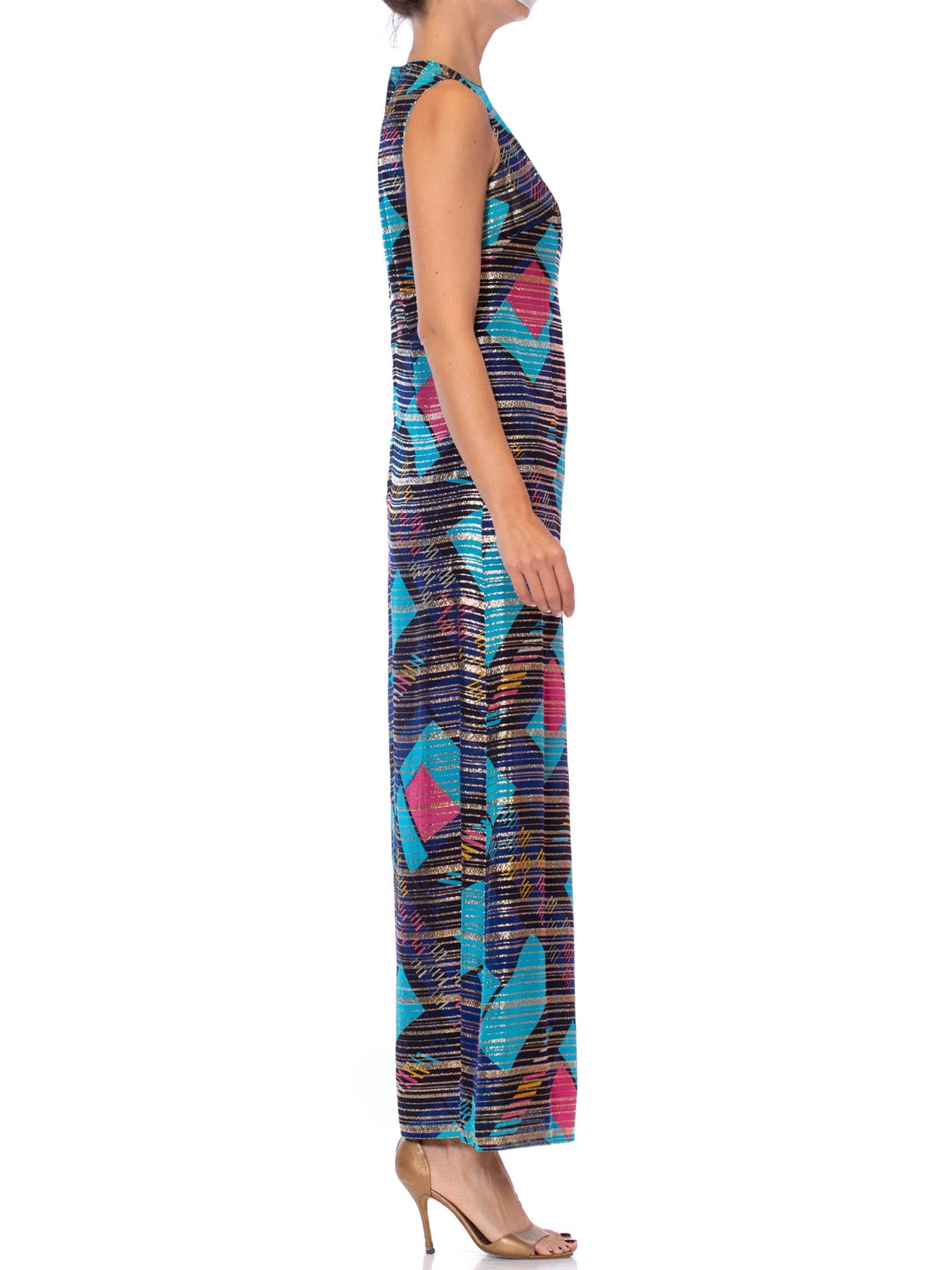 1970S Blue Silk & Lurex Lamé Pink Modernist Geometric Print Gown In Excellent Condition For Sale In New York, NY