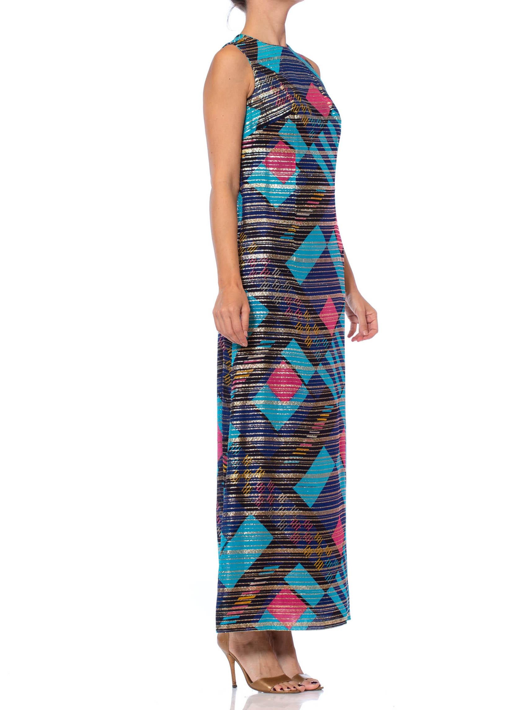 1970S Blue Silk & Lurex Lamé Pink Modernist Geometric Print Gown For Sale 1