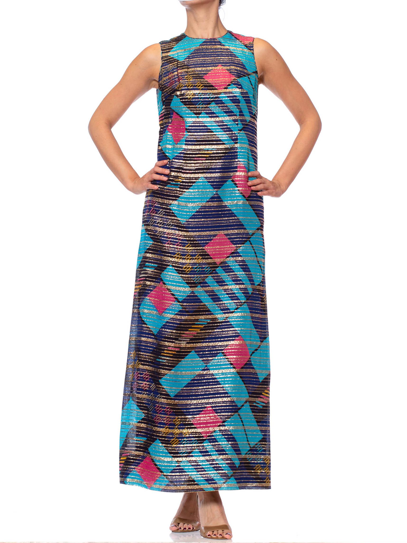 1970S Blue Silk & Lurex Lamé Pink Modernist Geometric Print Gown For Sale 4