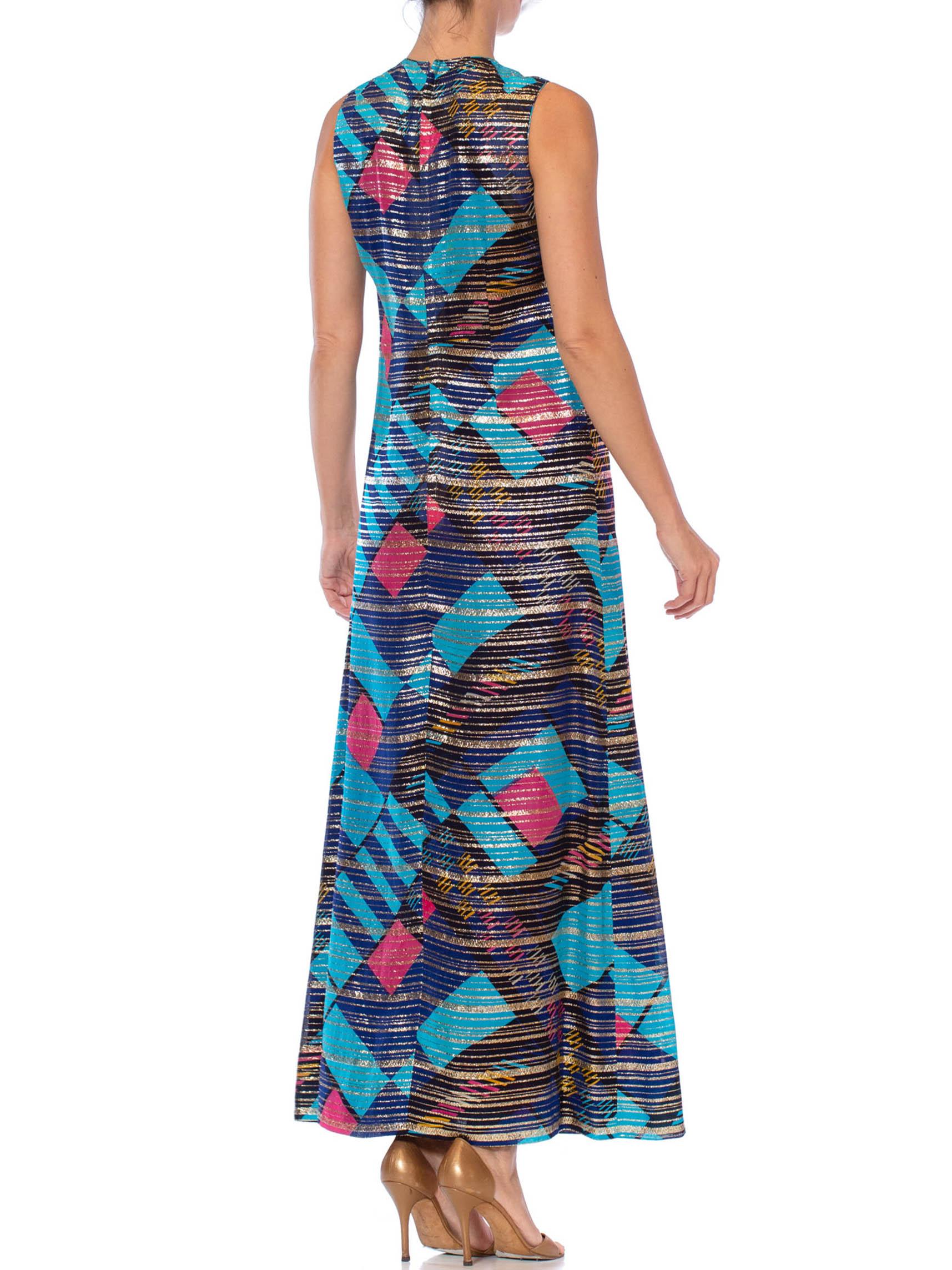 1970S Blue Silk & Lurex Lamé Pink Modernist Geometric Print Gown For Sale 5