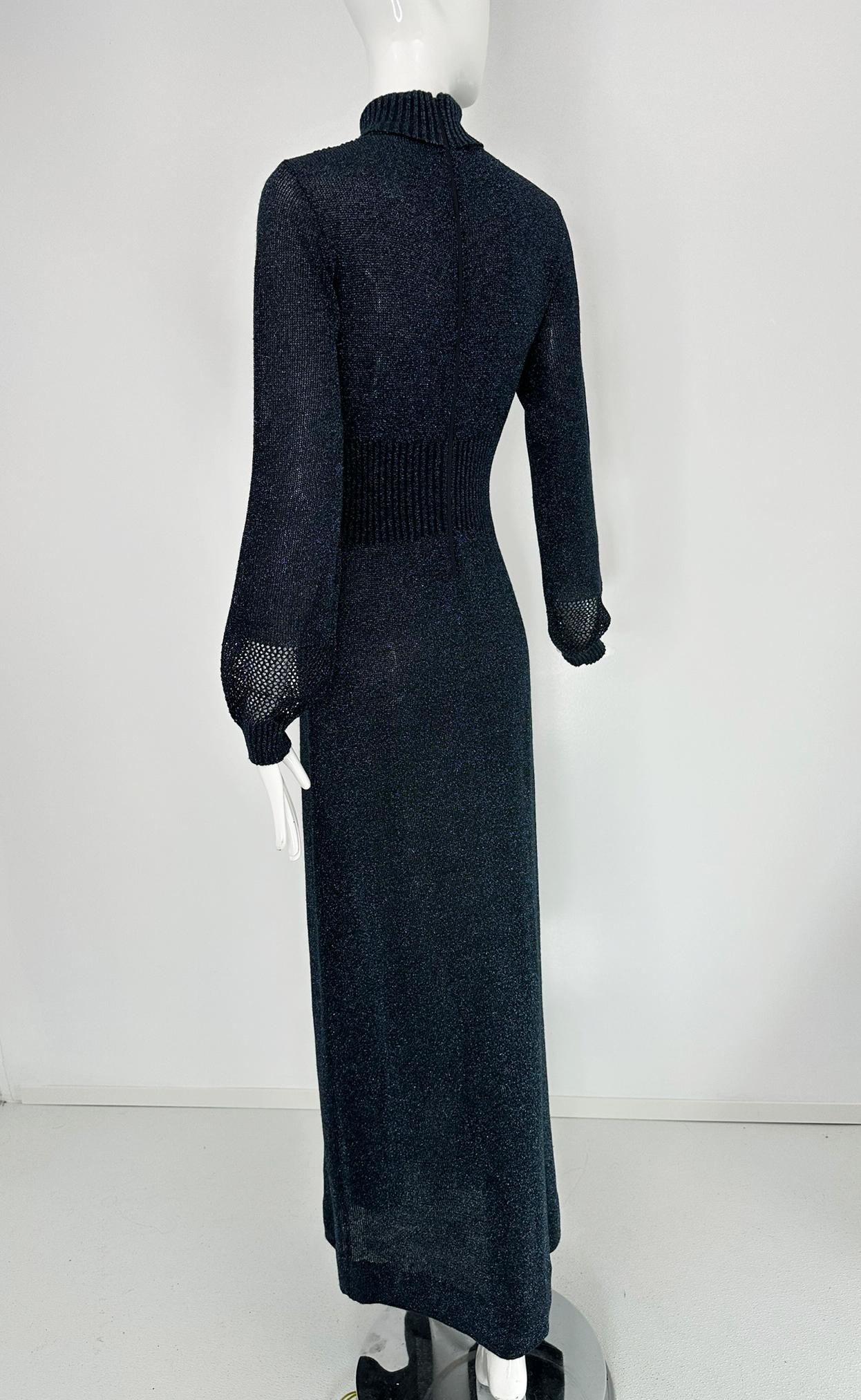 1970s Blue & silver Metallic Knit Cage Sleeve V Bodice Maxi Dress Wenjilli 9/10 For Sale 6