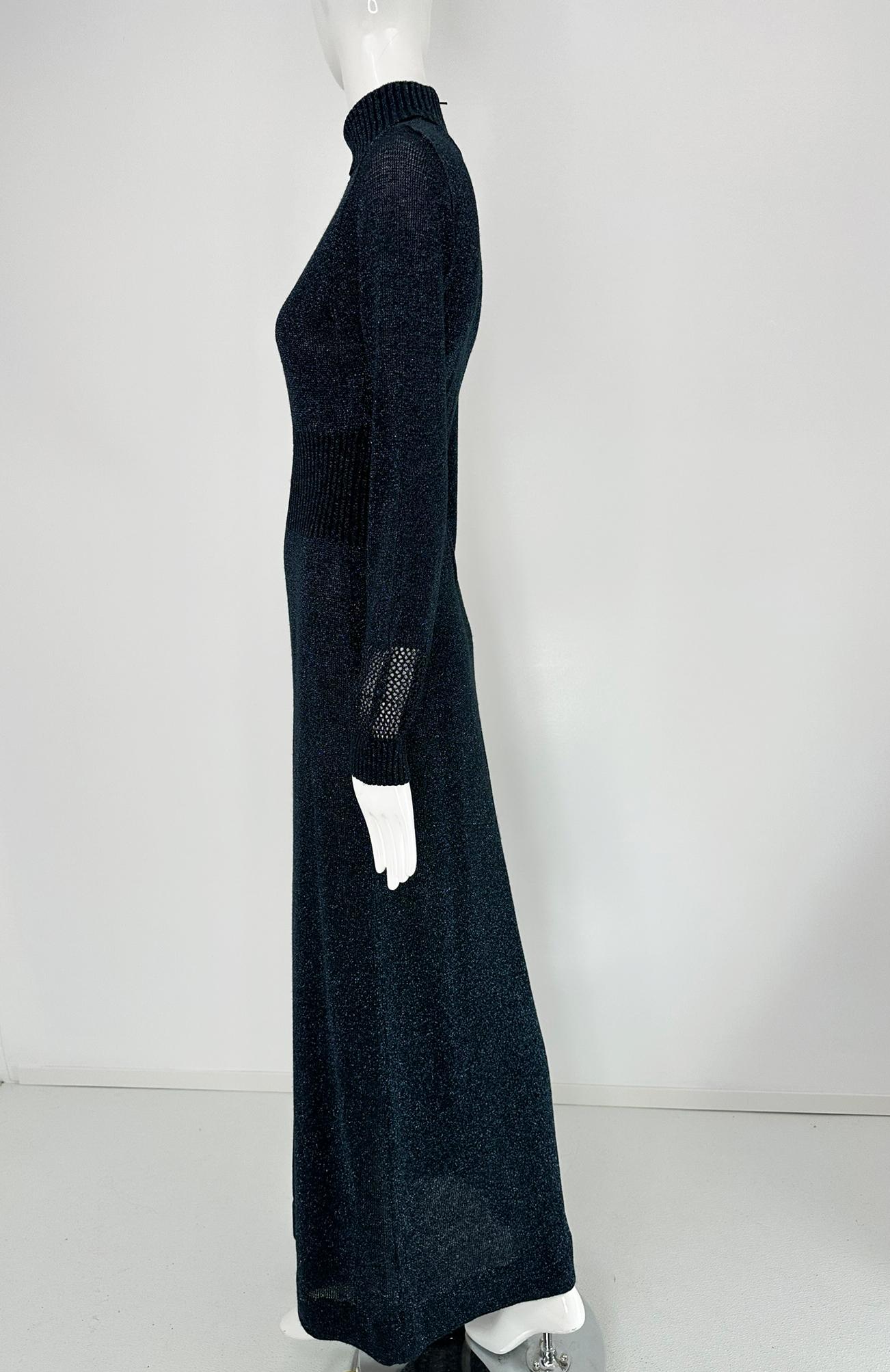1970s Blue & silver Metallic Knit Cage Sleeve V Bodice Maxi Dress Wenjilli 9/10 For Sale 7