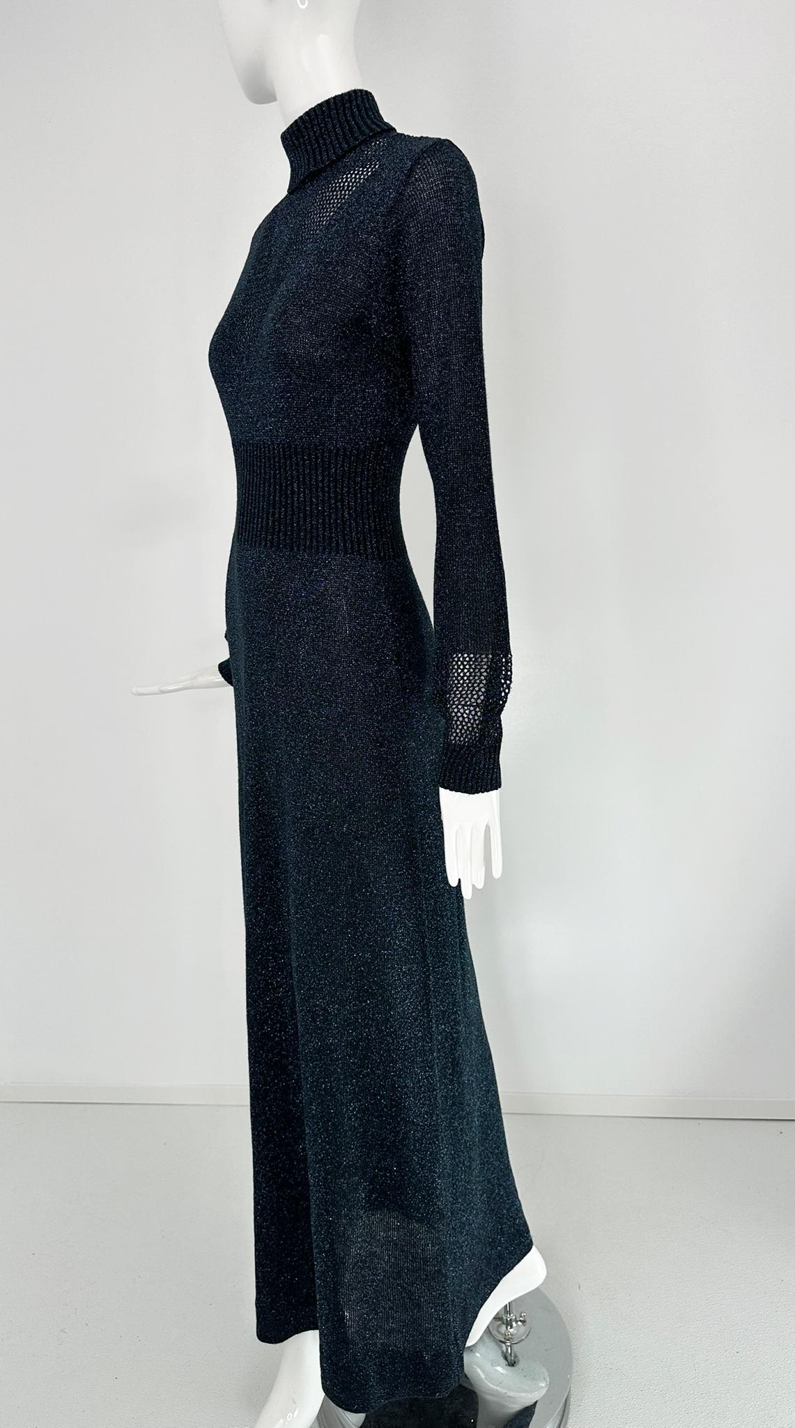 1970s Blue & silver Metallic Knit Cage Sleeve V Bodice Maxi Dress Wenjilli 9/10 For Sale 8