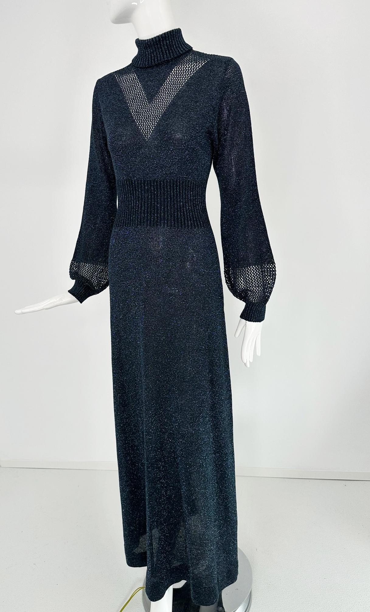 1970s Blue & silver Metallic Knit Cage Sleeve V Bodice Maxi Dress Wenjilli 9/10 For Sale 10