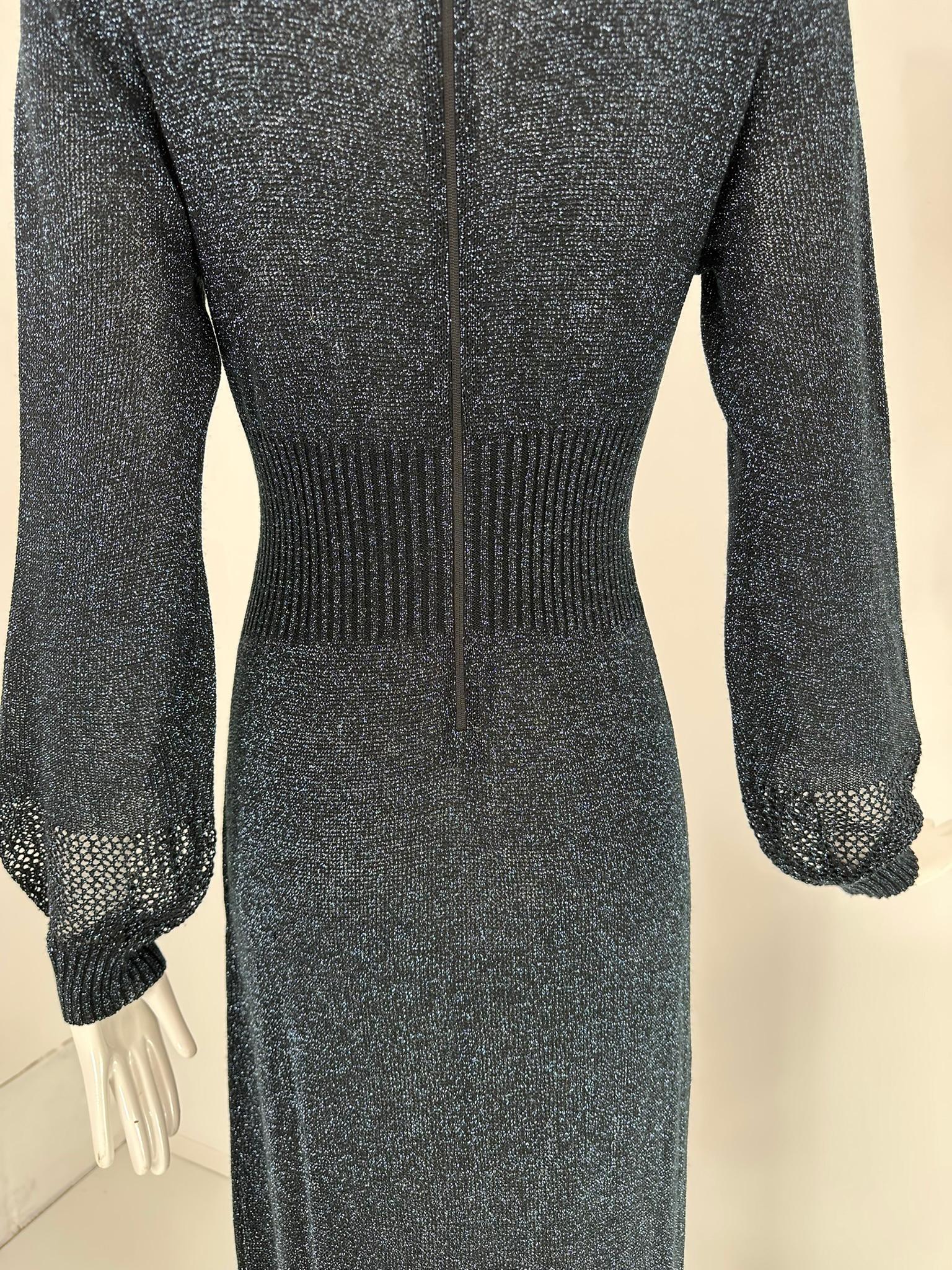 1970s Blue & silver Metallic Knit Cage Sleeve V Bodice Maxi Dress Wenjilli 9/10 For Sale 13