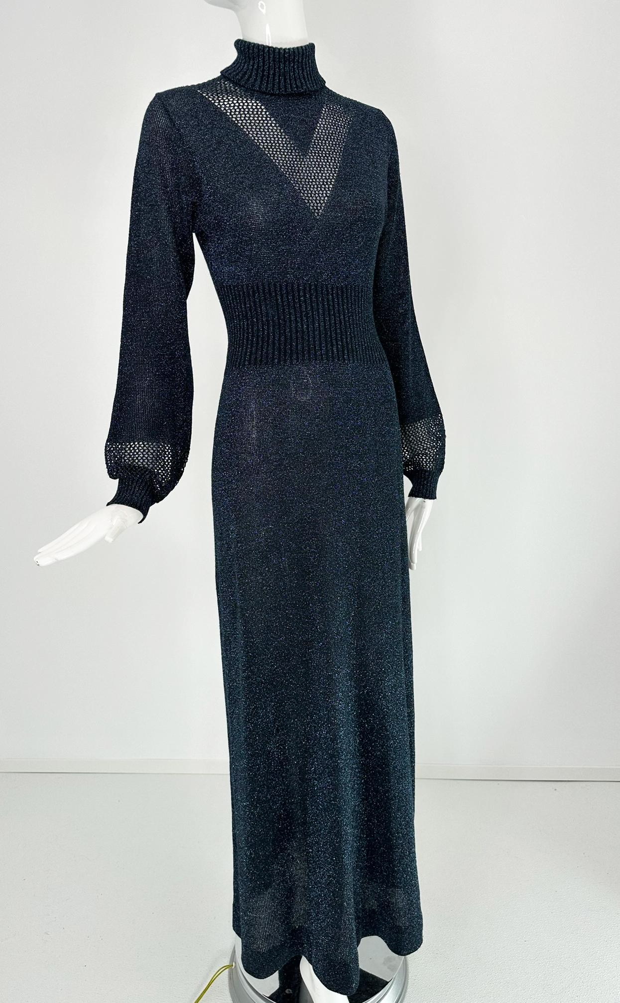 Black 1970s Blue & silver Metallic Knit Cage Sleeve V Bodice Maxi Dress Wenjilli 9/10 For Sale
