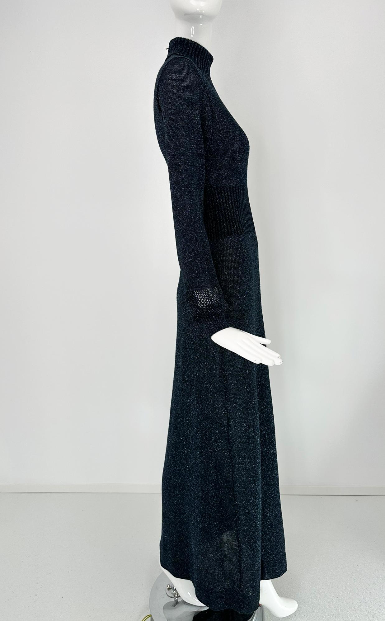 1970s Blue & silver Metallic Knit Cage Sleeve V Bodice Maxi Dress Wenjilli 9/10 For Sale 1