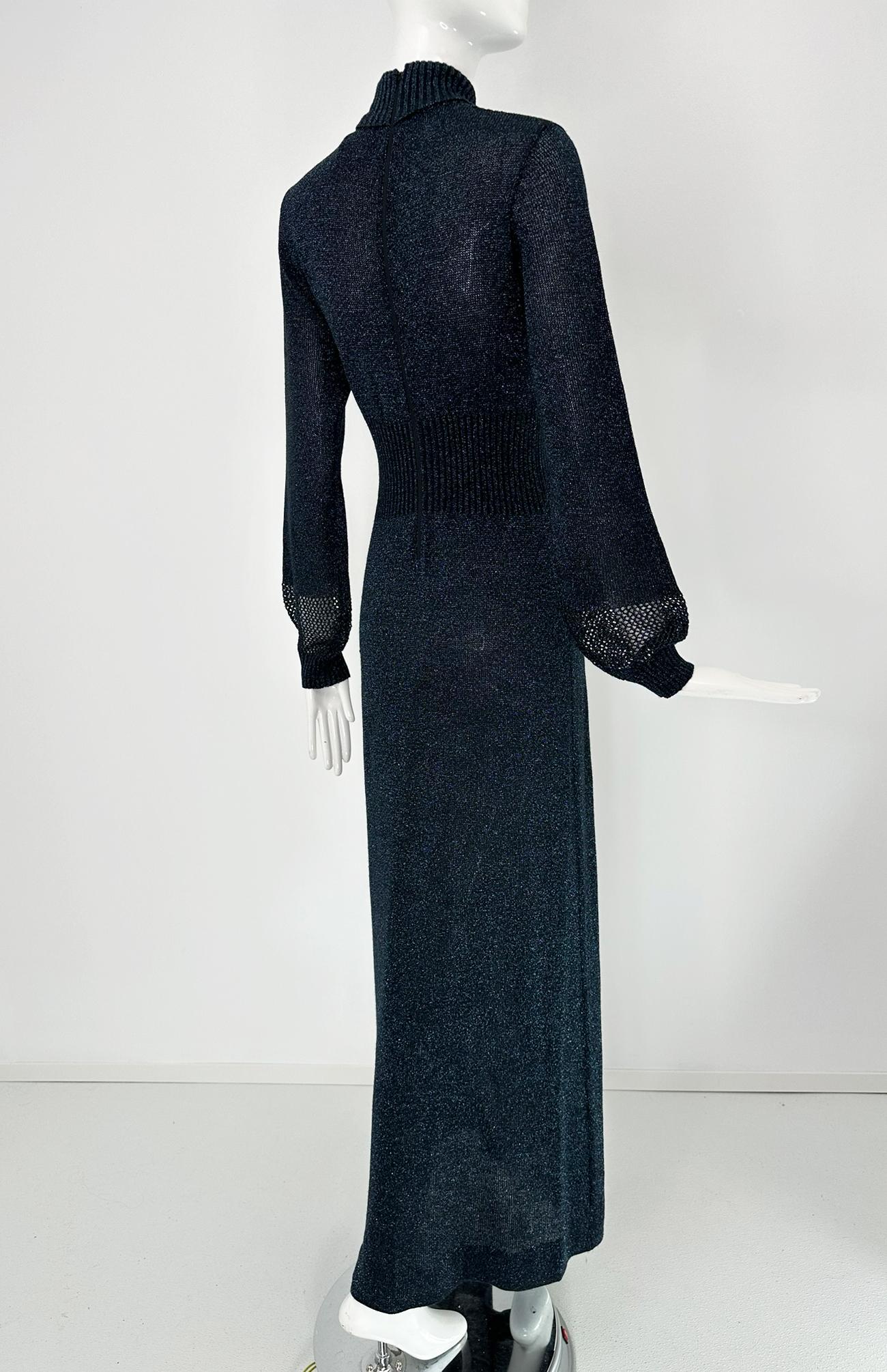 1970s Blue & silver Metallic Knit Cage Sleeve V Bodice Maxi Dress Wenjilli 9/10 For Sale 3