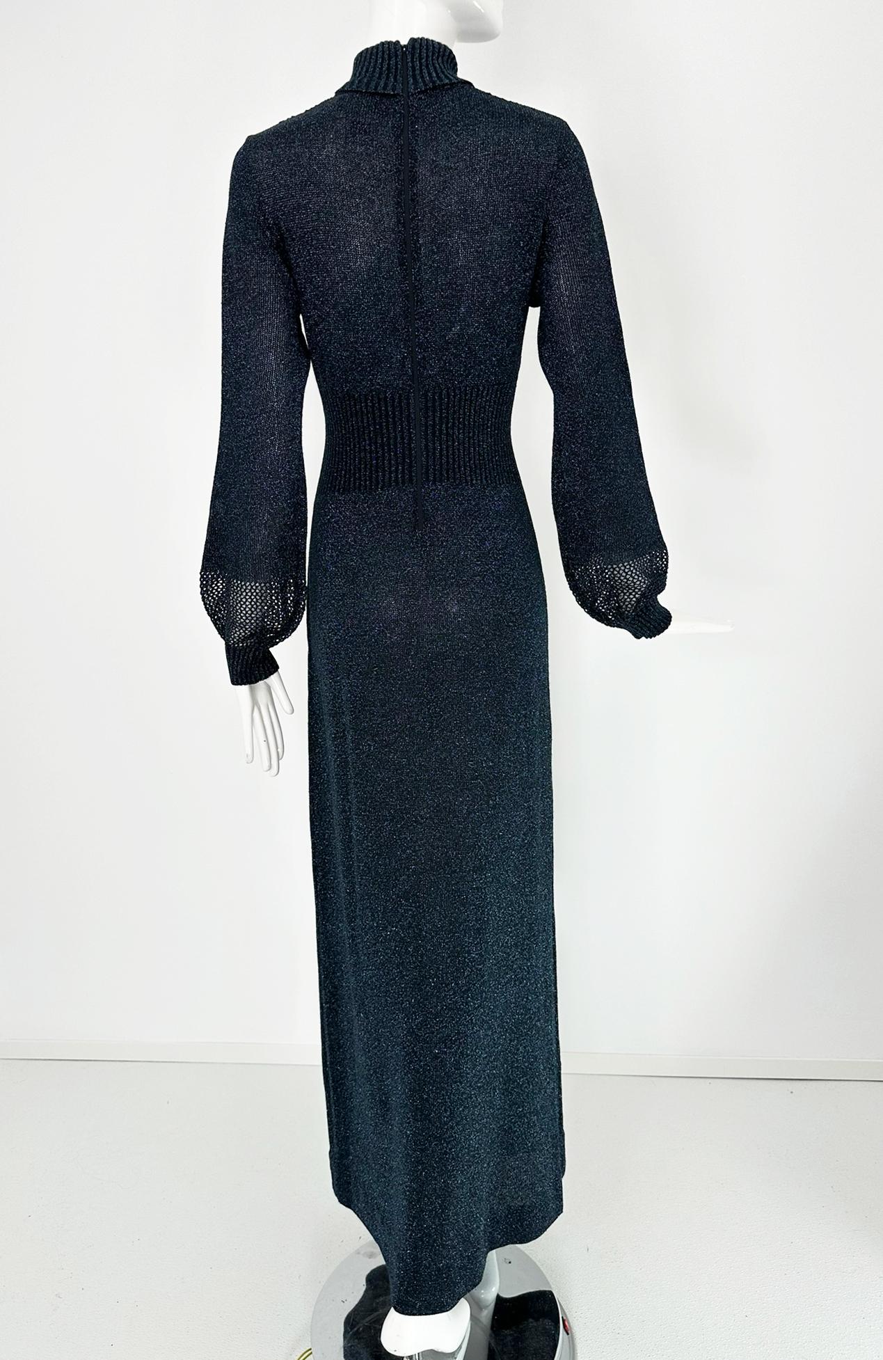 1970s Blue & silver Metallic Knit Cage Sleeve V Bodice Maxi Dress Wenjilli 9/10 For Sale 4