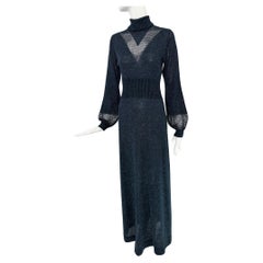 Vintage 1970s Blue & silver Metallic Knit Cage Sleeve V Bodice Maxi Dress Wenjilli 9/10