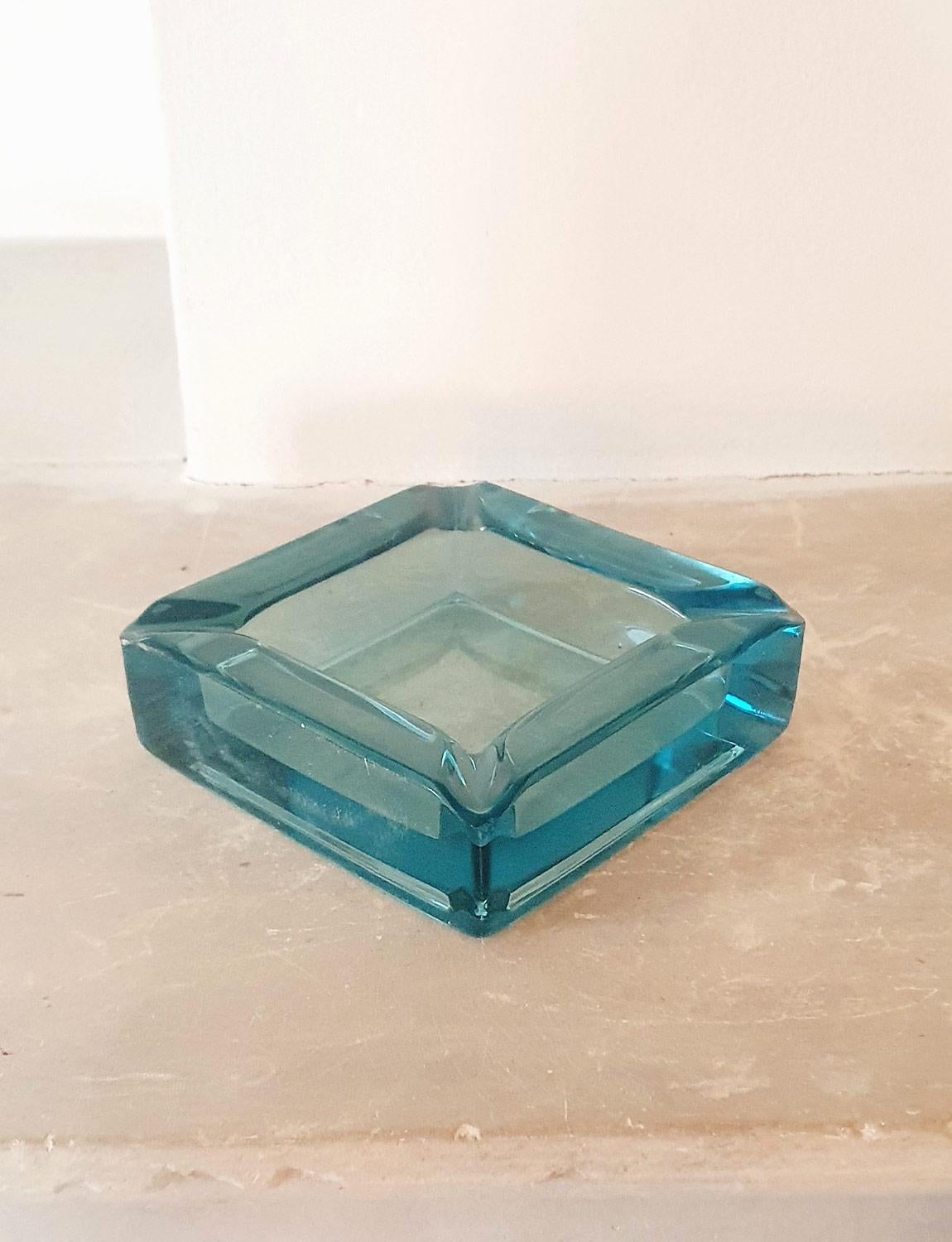 Italian 1970s Blue Square Hand Blown Glass Bowl