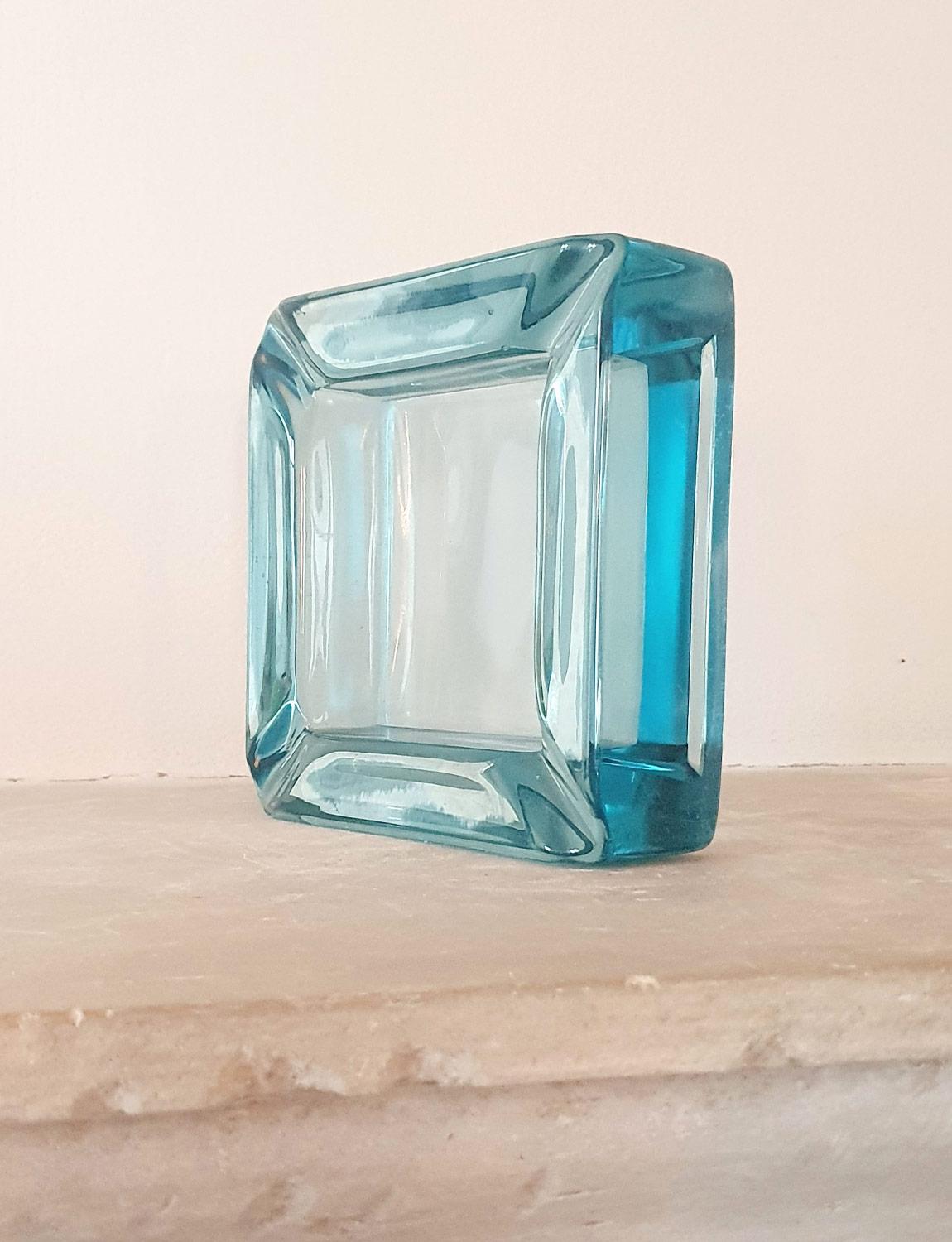 Late 20th Century 1970s Blue Square Hand Blown Glass Bowl