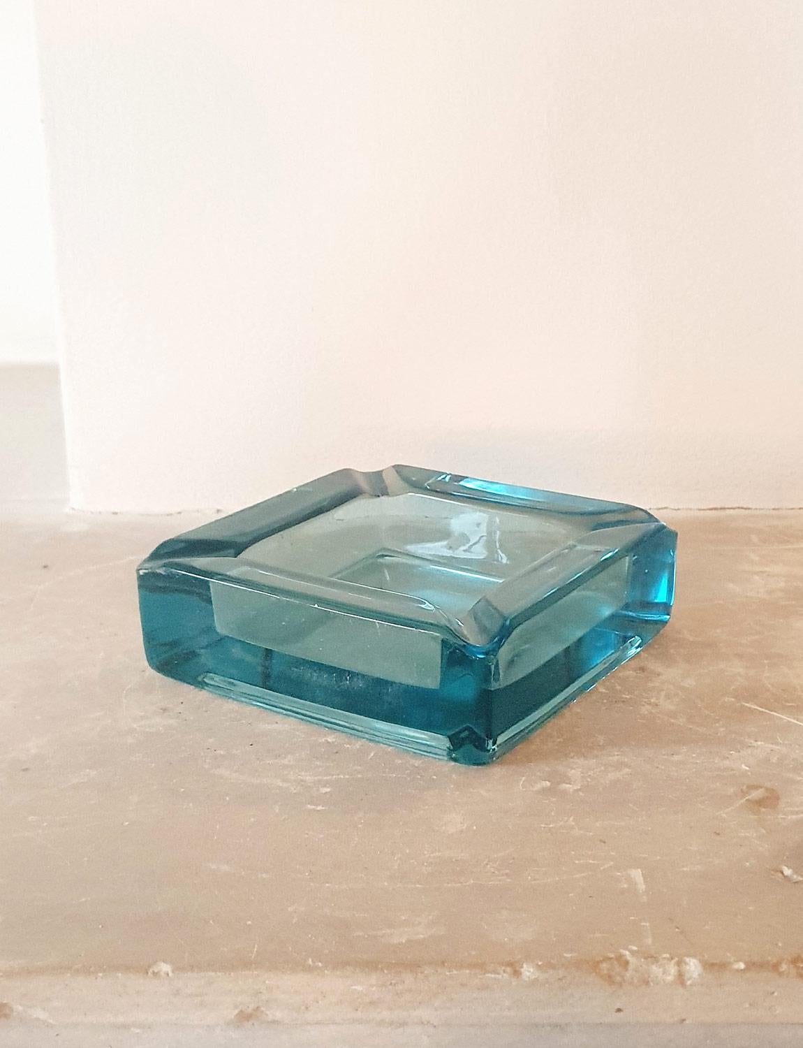 1970s Blue Square Hand Blown Glass Bowl 1