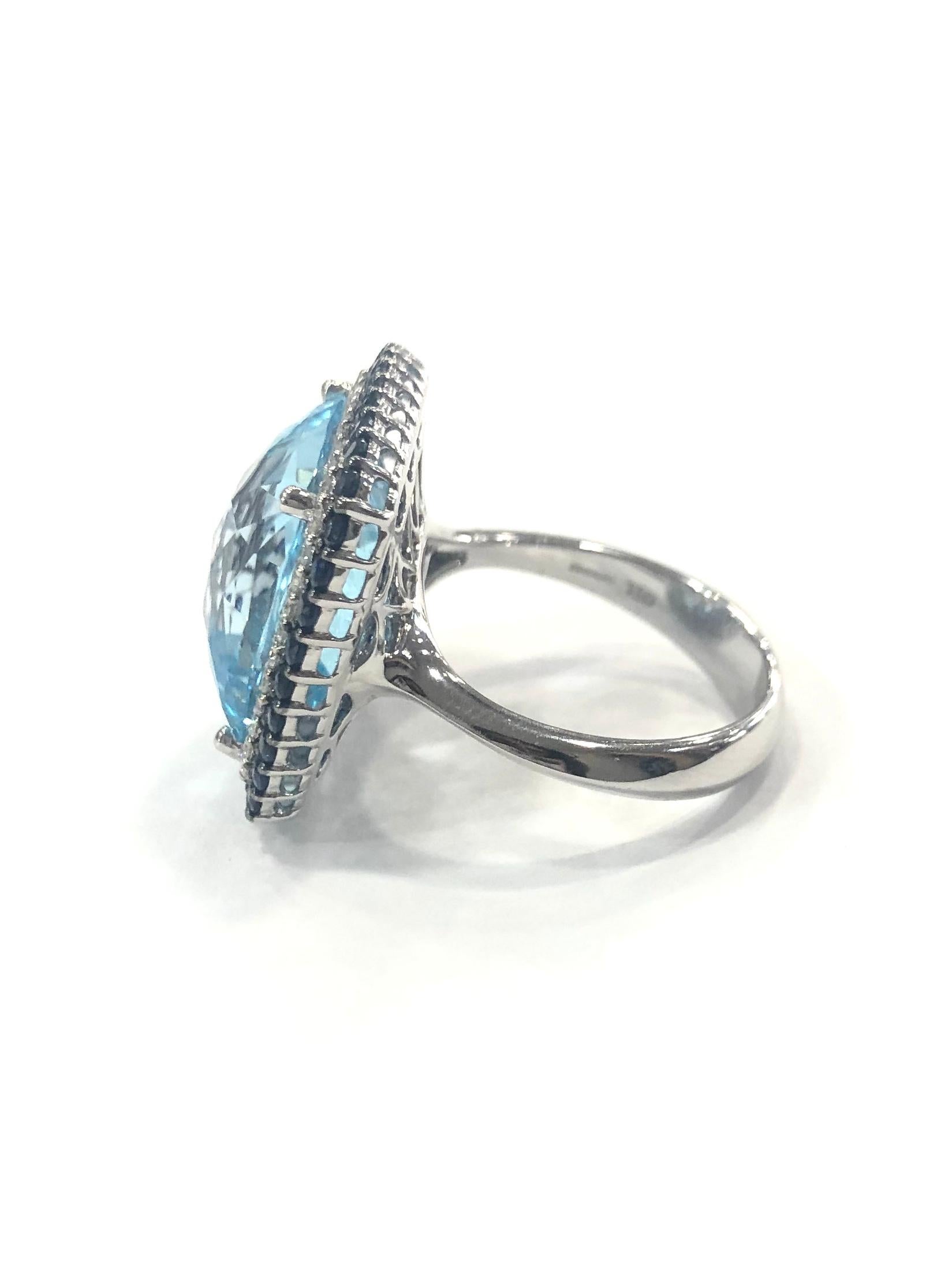 18ct White Gold Blue Topaz, Sapphire and Diamond Cluster Cocktail Ring. Set with a large central cushion shape Blue Topaz surrounded by a row of forty two round brilliant cut Diamonds and a row of thirty six good colour natural blue Sapphires.
Set