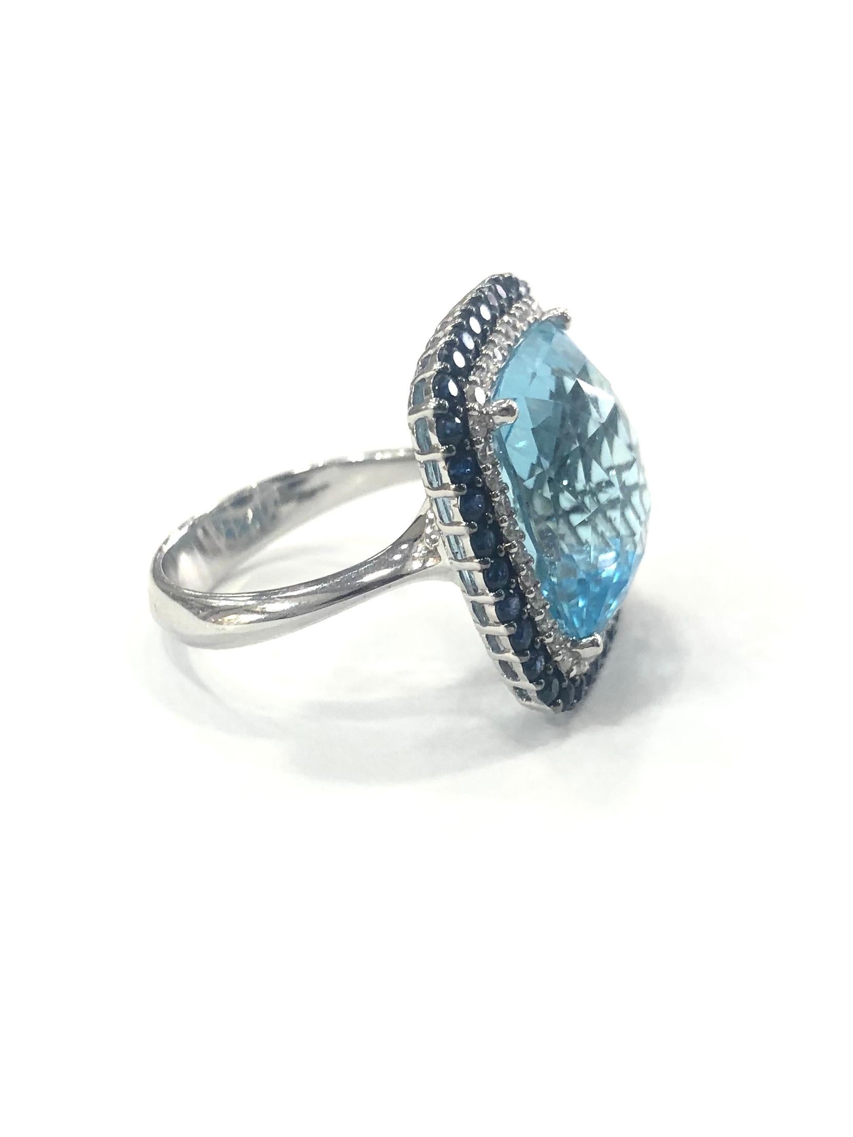 Cushion Cut 1970s Blue Topaz, Sapphire and Diamond Cluster Cocktail Ring For Sale