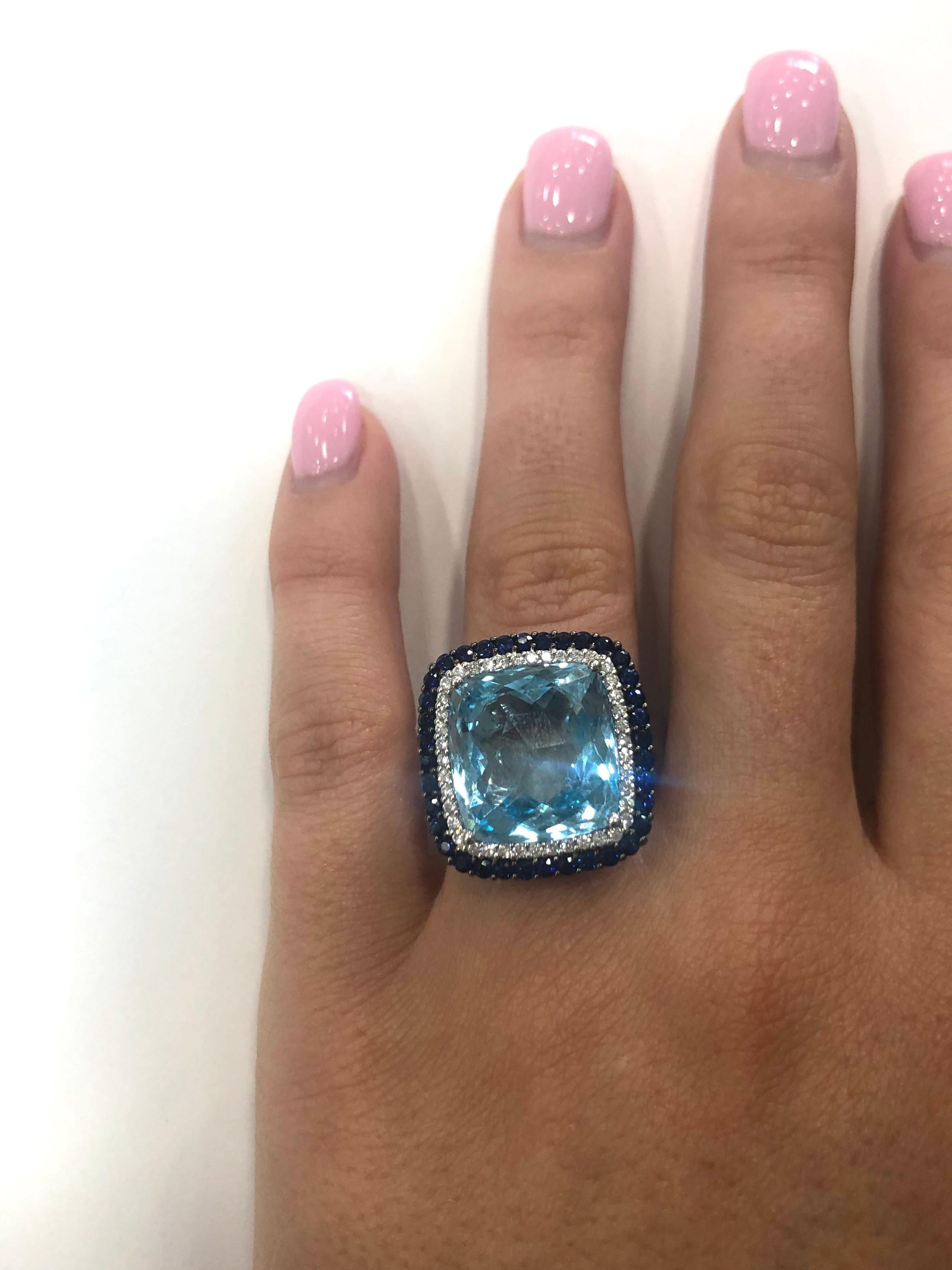 1970s Blue Topaz, Sapphire and Diamond Cluster Cocktail Ring For Sale 1