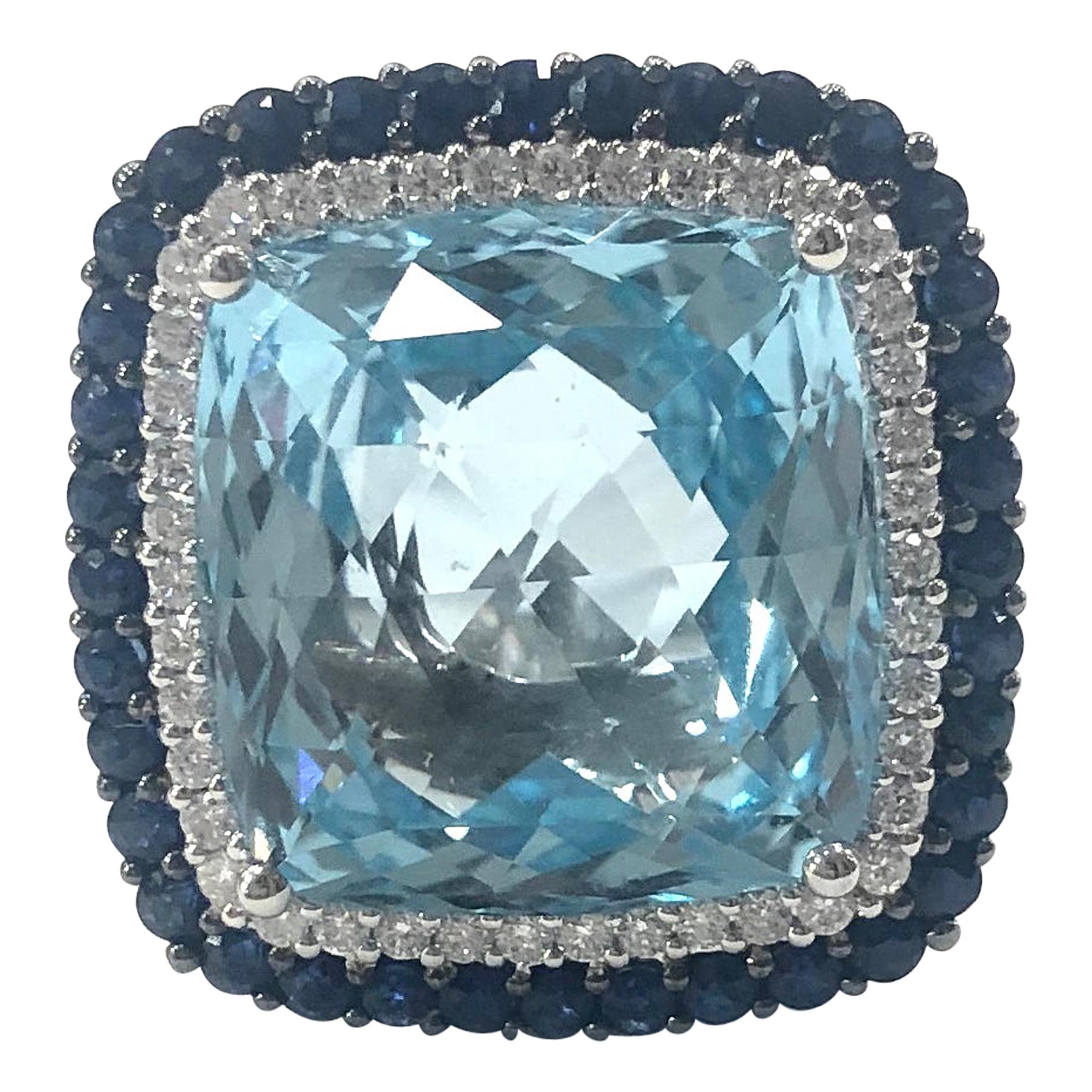 1970s Blue Topaz, Sapphire and Diamond Cluster Cocktail Ring For Sale