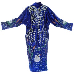 Vintage 1970S Blue Velvet Duster Embroidered With Magical Magician Tree & Pond