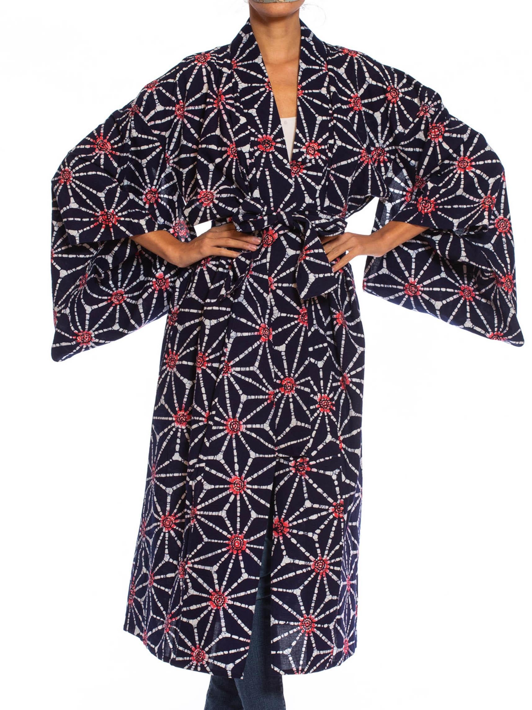 Black 1970S Blue & White Batik Print Cotton Japanese Kimono Robe Sash