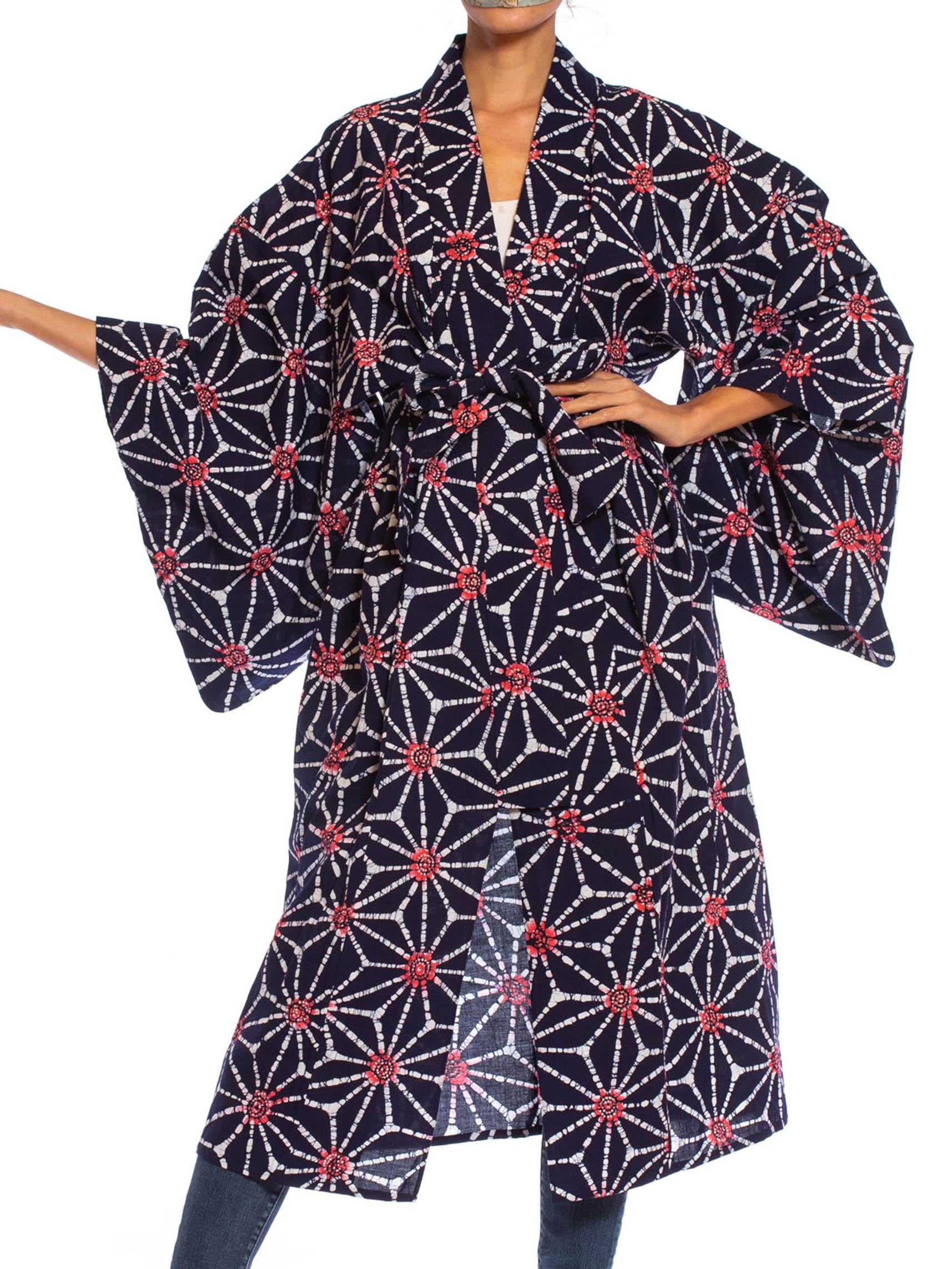 1970S Blue & White Batik Print Cotton Japanese Kimono Robe Sash 1