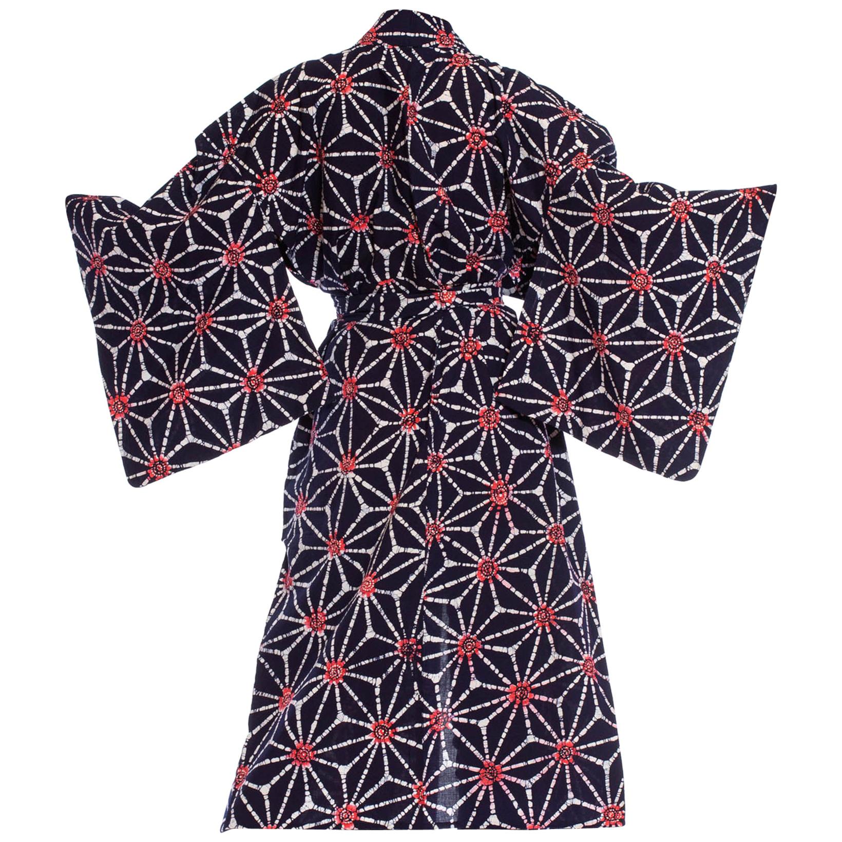 1970S Blue & White Batik Print Cotton Japanese Kimono Robe Sash