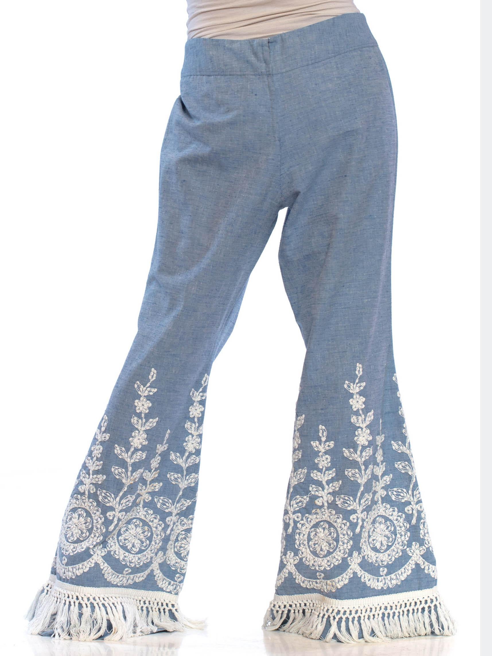 1970S Blue & White Cotton Blend Chambray Lace Embroidered Bell Bottom Flared Pants With Fringe