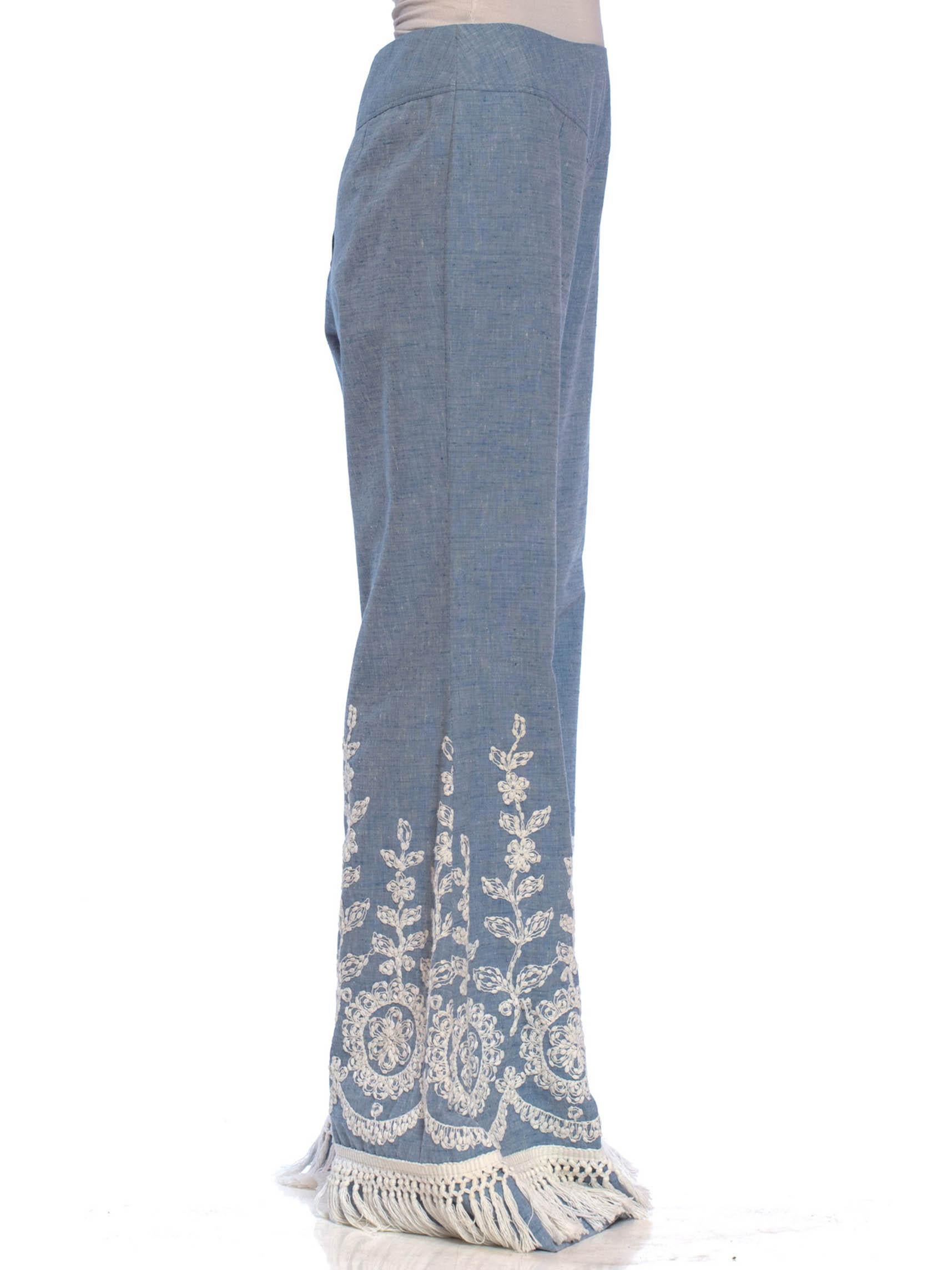 1970S Blue & White Cotton Blend Chambray Lace Embroidered Bell Bottom Flared Pa In Excellent Condition In New York, NY