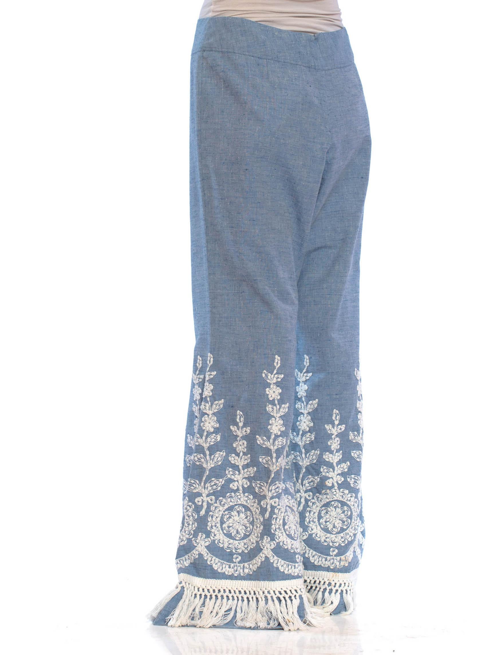 Women's 1970S Blue & White Cotton Blend Chambray Lace Embroidered Bell Bottom Flared Pa