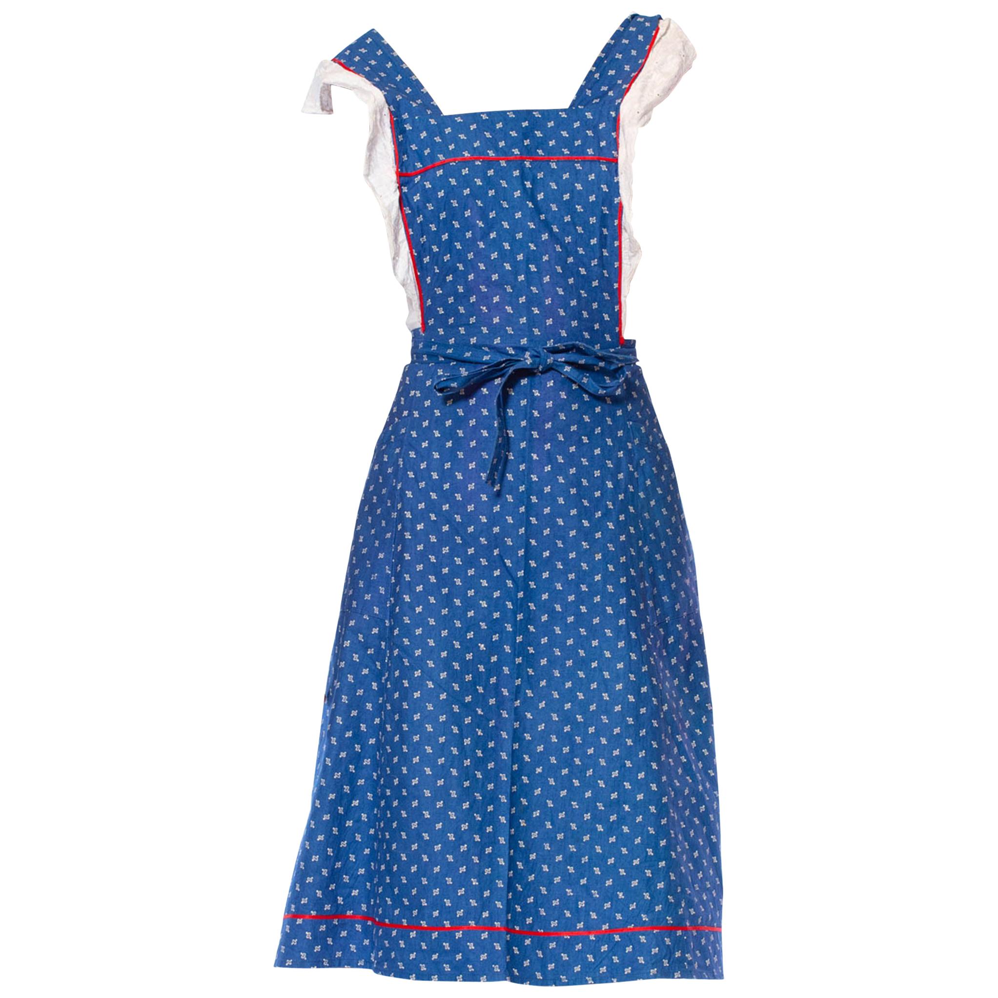 1970S Blue & White Cotton Scandinavian Pinafore Apron Dress