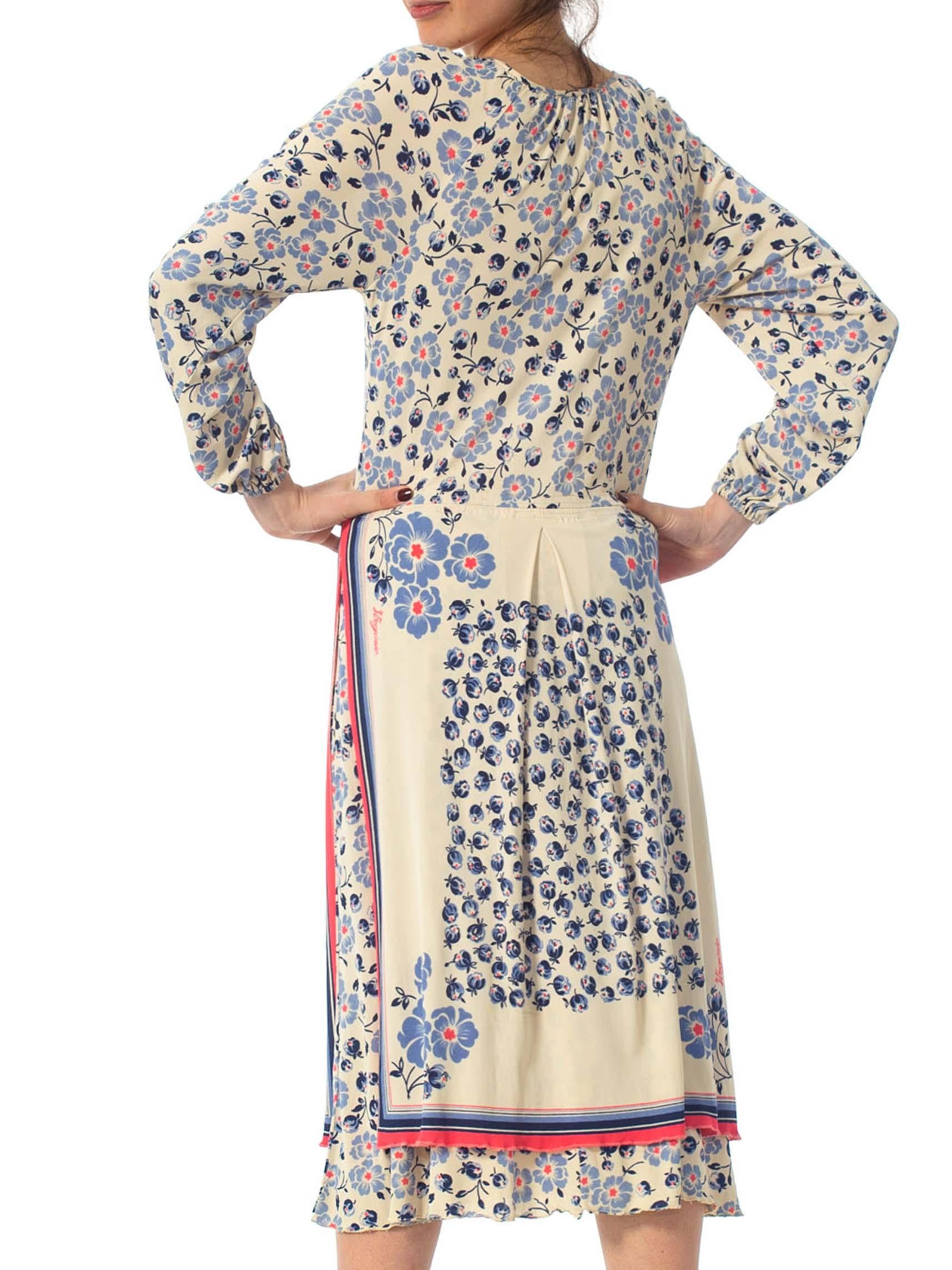 1970S Blue & White Floral Polyester Jersey Boho Dress From Paris 2