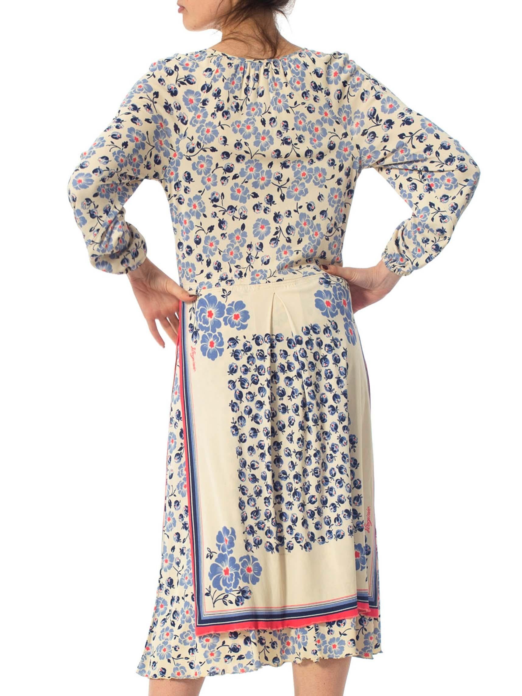 1970S Blue & White Floral Polyester Jersey Boho Dress From Paris 4