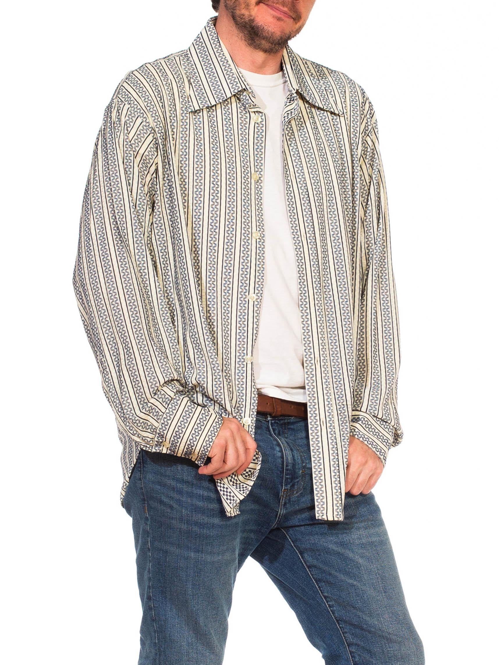 Gray 1970S Blue & White Poly/Nylon Tricot Jersey Men's Long Sleeve Disco Shirt For Sale